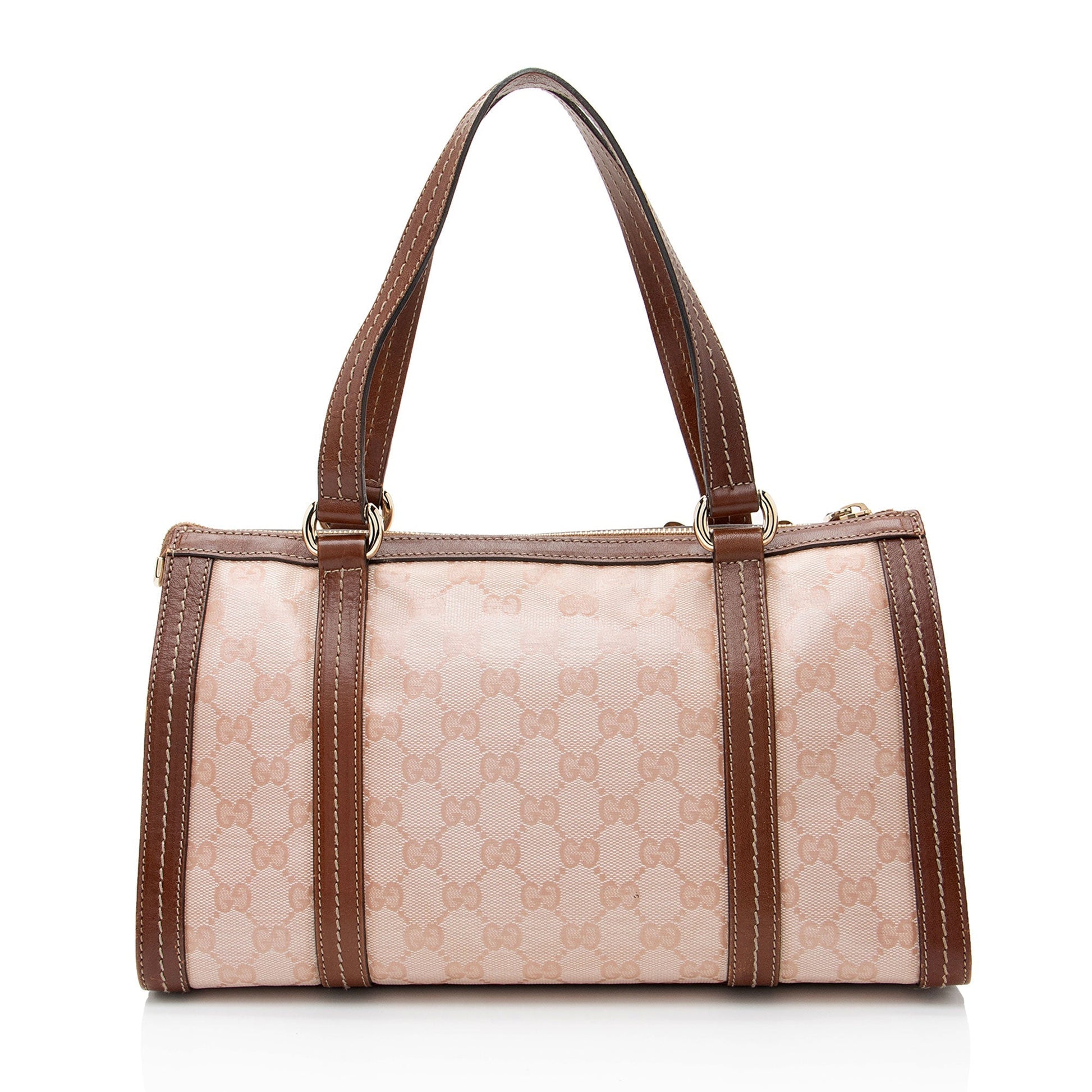 Gucci GG Crystal Duchessa Boston Leather Canvas Brown Pink Satchel Bag