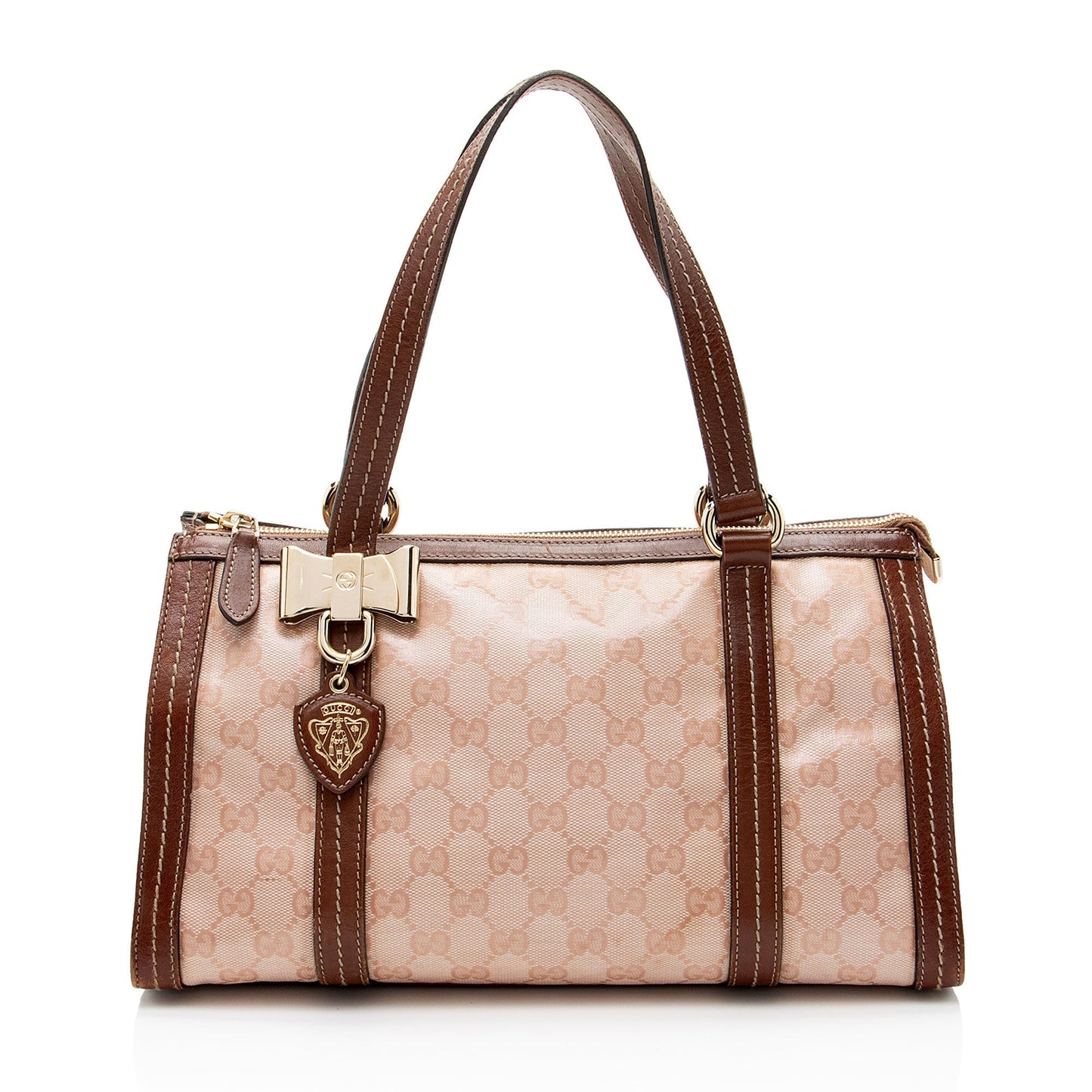 Gucci GG Crystal Duchessa Boston Leather Canvas Brown Pink Satchel Bag