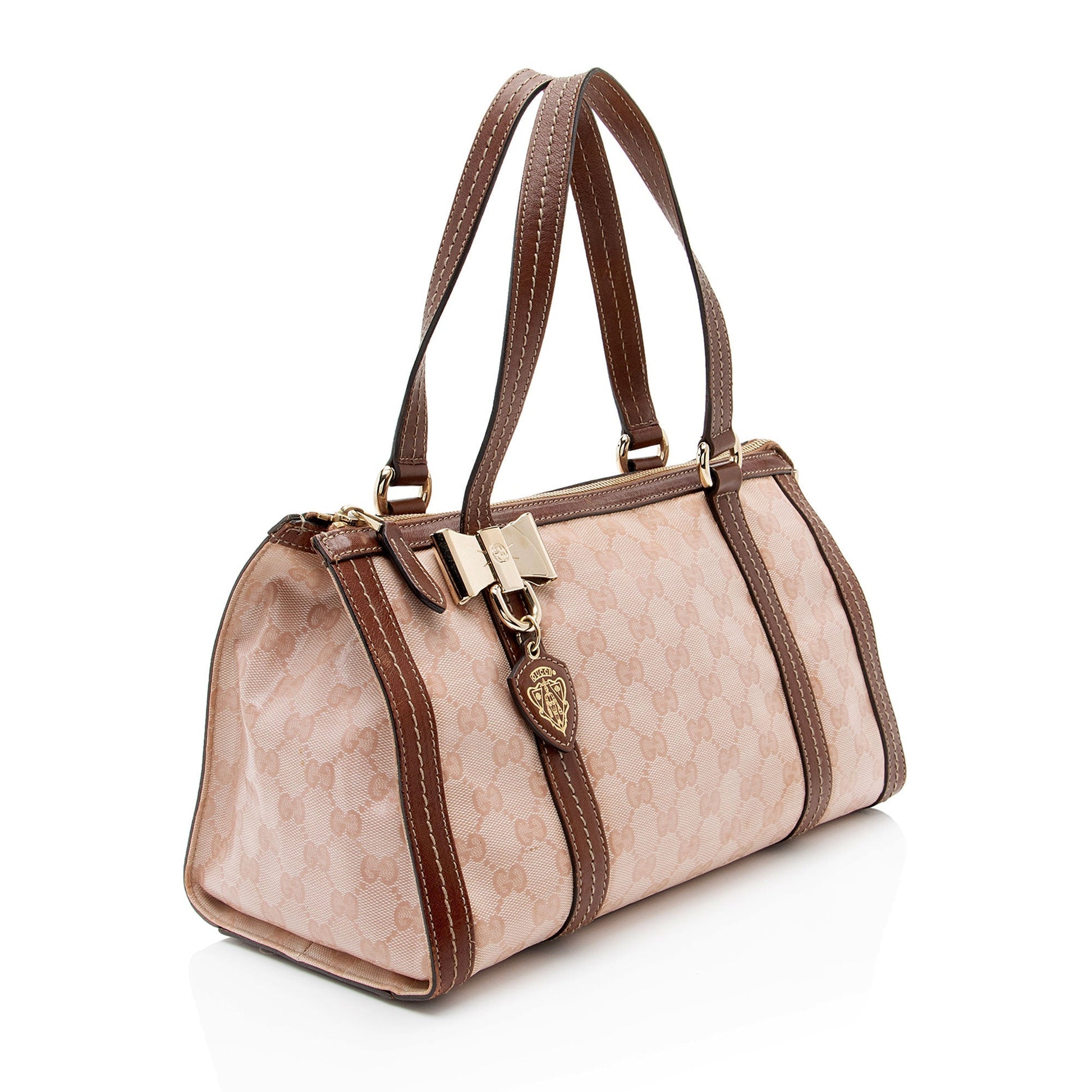 Gucci GG Crystal Duchessa Boston Leather Canvas Brown Pink Satchel Bag