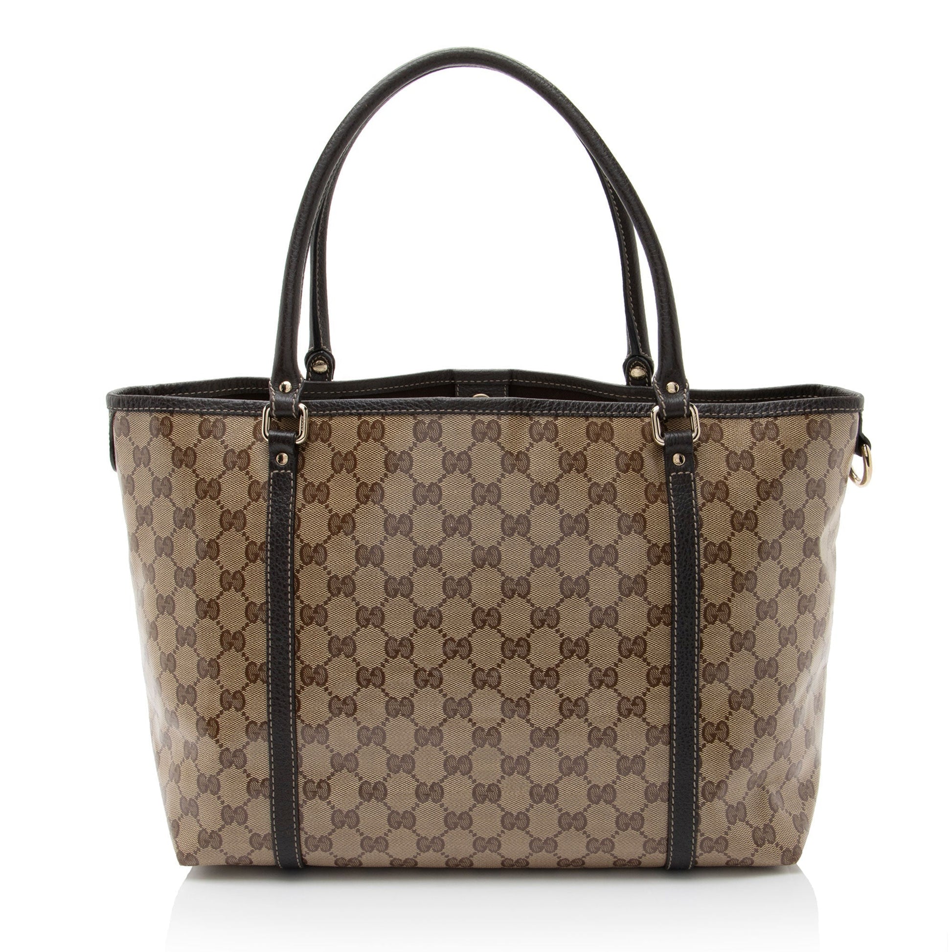 Gucci GG Crystal Joy Leather Canvas Brown Medium Tote Bag