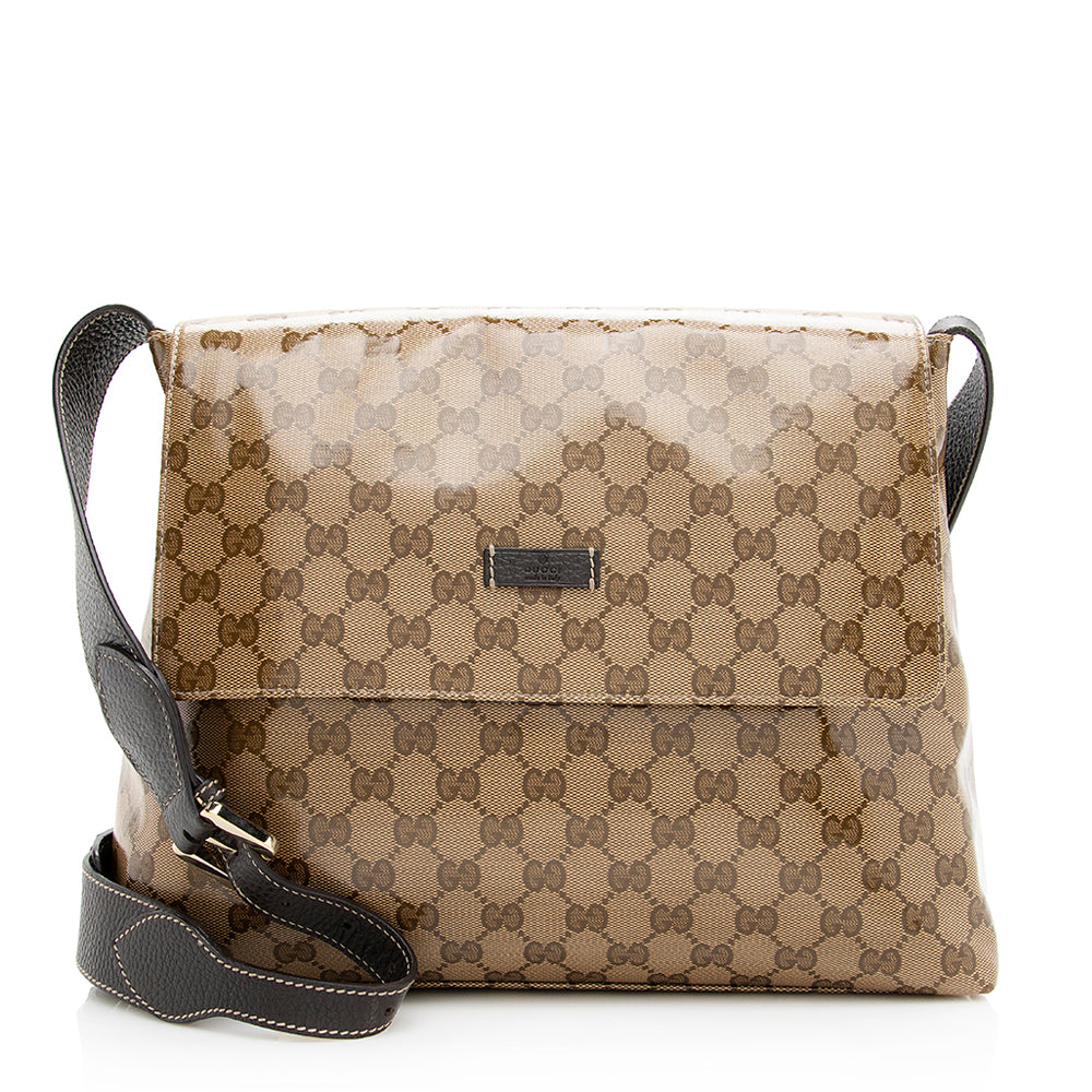 Gucci GG Crystal Messenger SHF Leather Canvas Beige Large Shoulder Bag