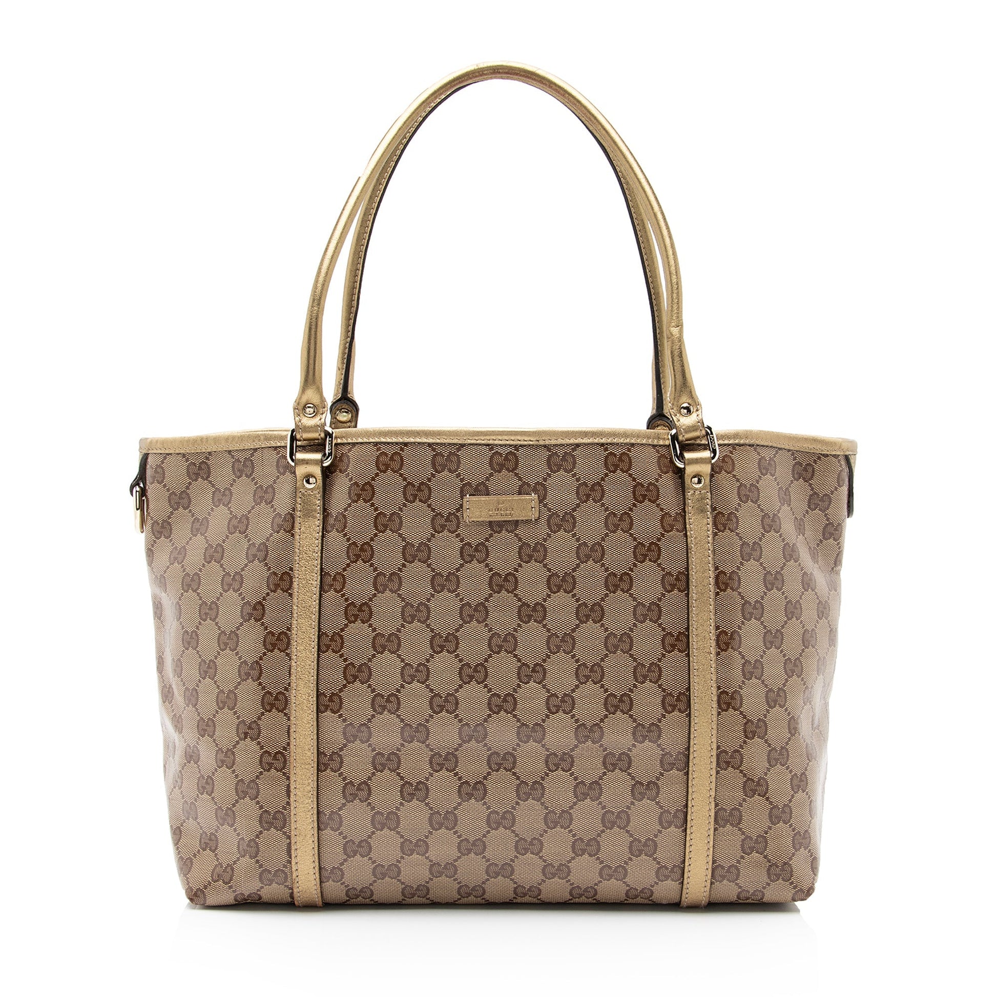 Gucci Crystal GG Joy SHF Leather Canvas Beige Gold Tote Bag
