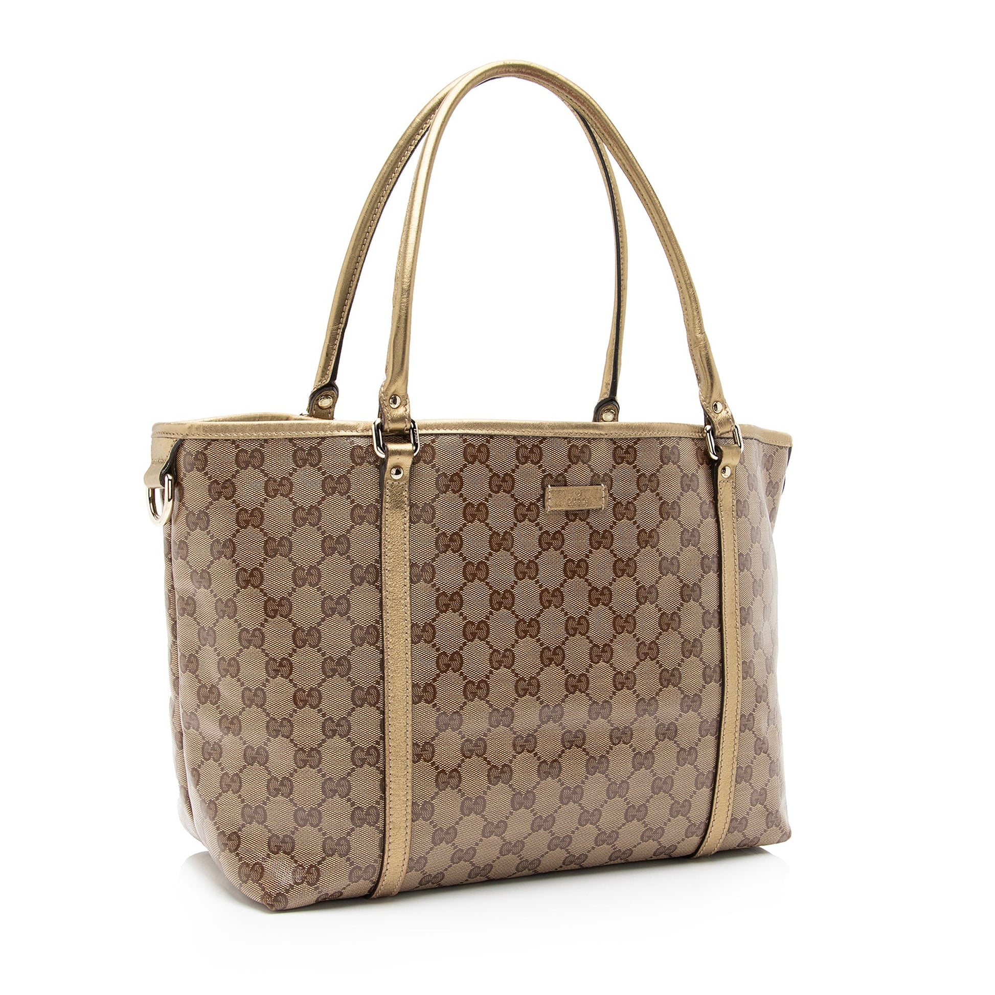 Gucci Crystal GG Joy SHF Leather Canvas Beige Gold Tote Bag