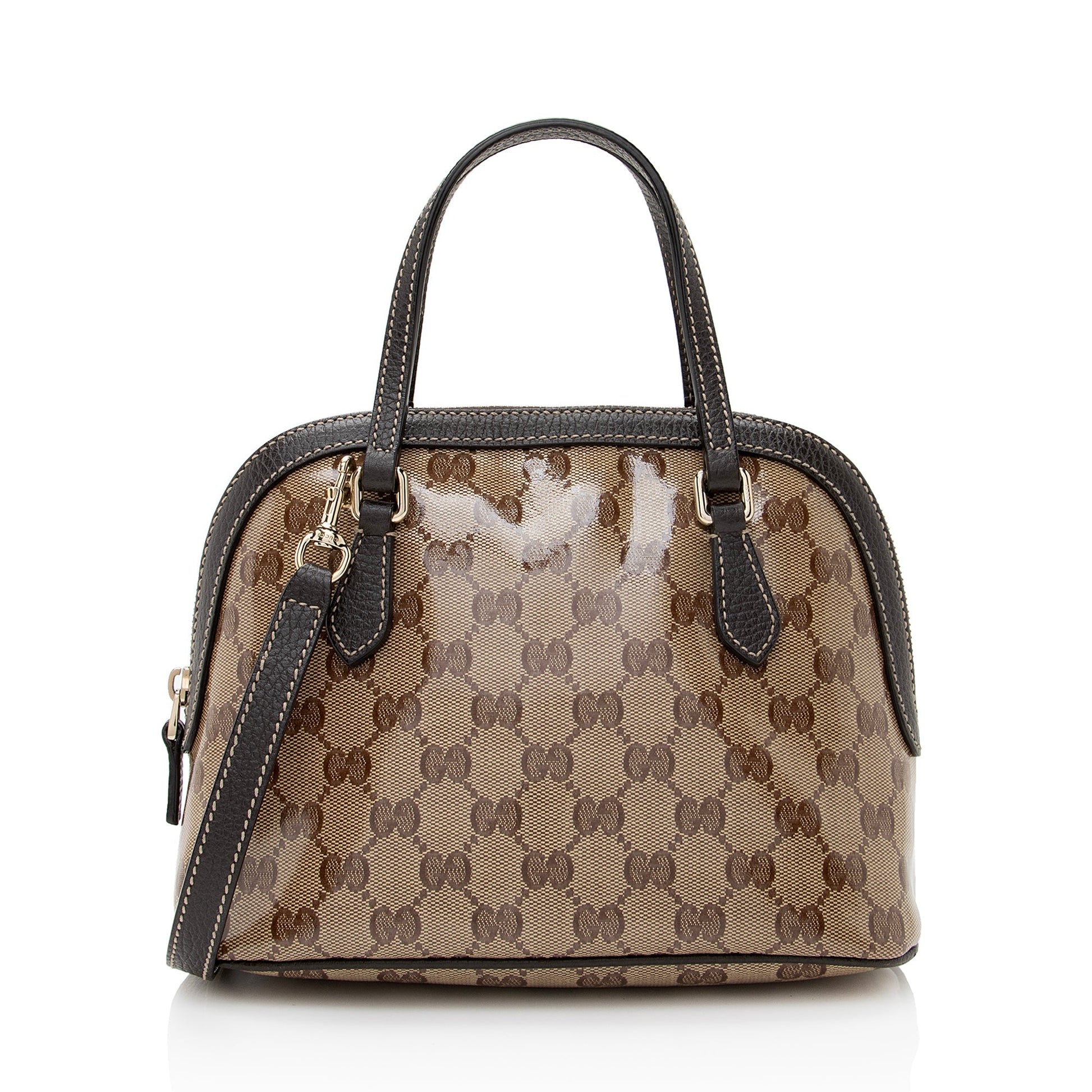 Gucci GG Crystal Dome SHF Leather Canvas Brown Beige Satchel Bag