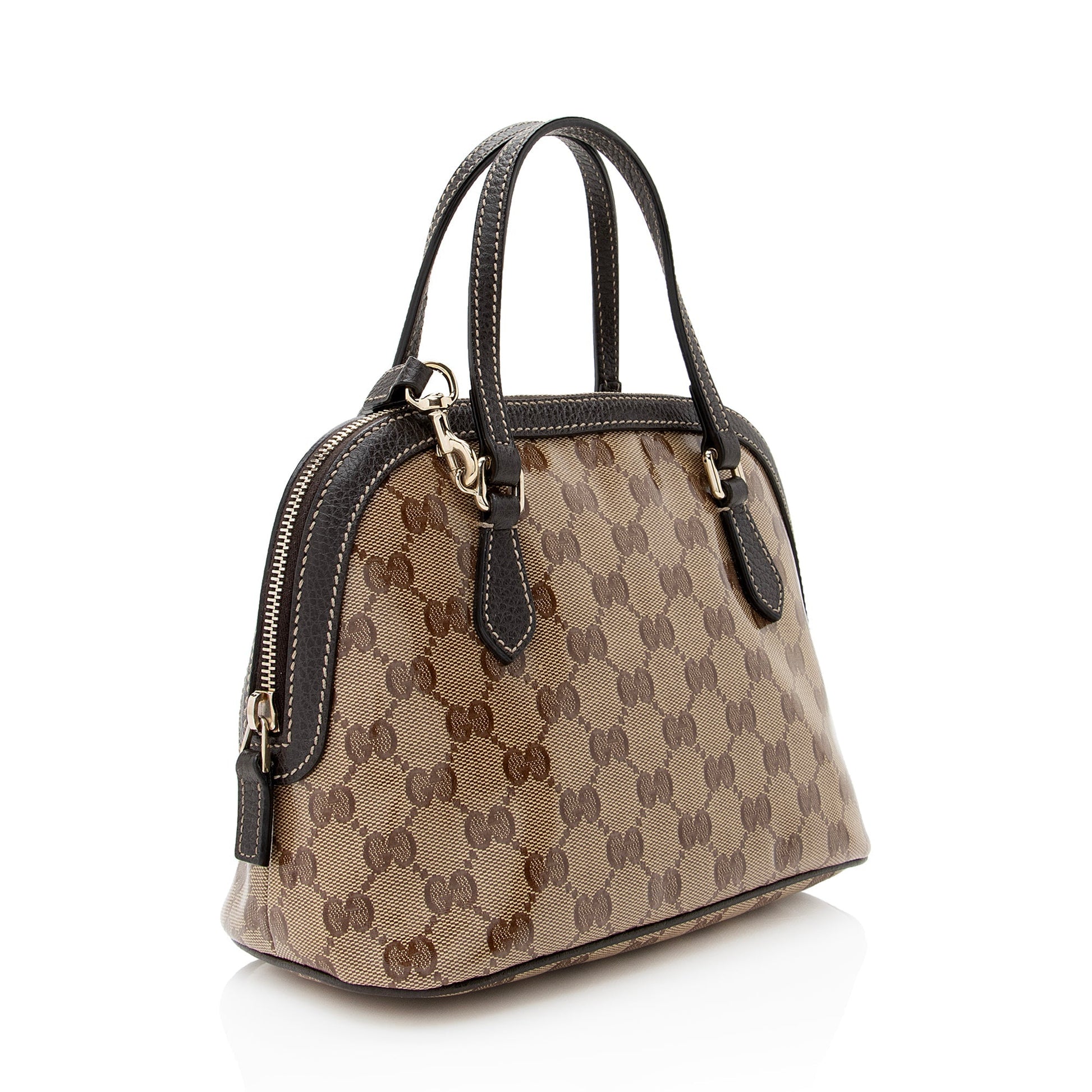 Gucci GG Crystal Dome SHF Leather Canvas Brown Beige Satchel Bag