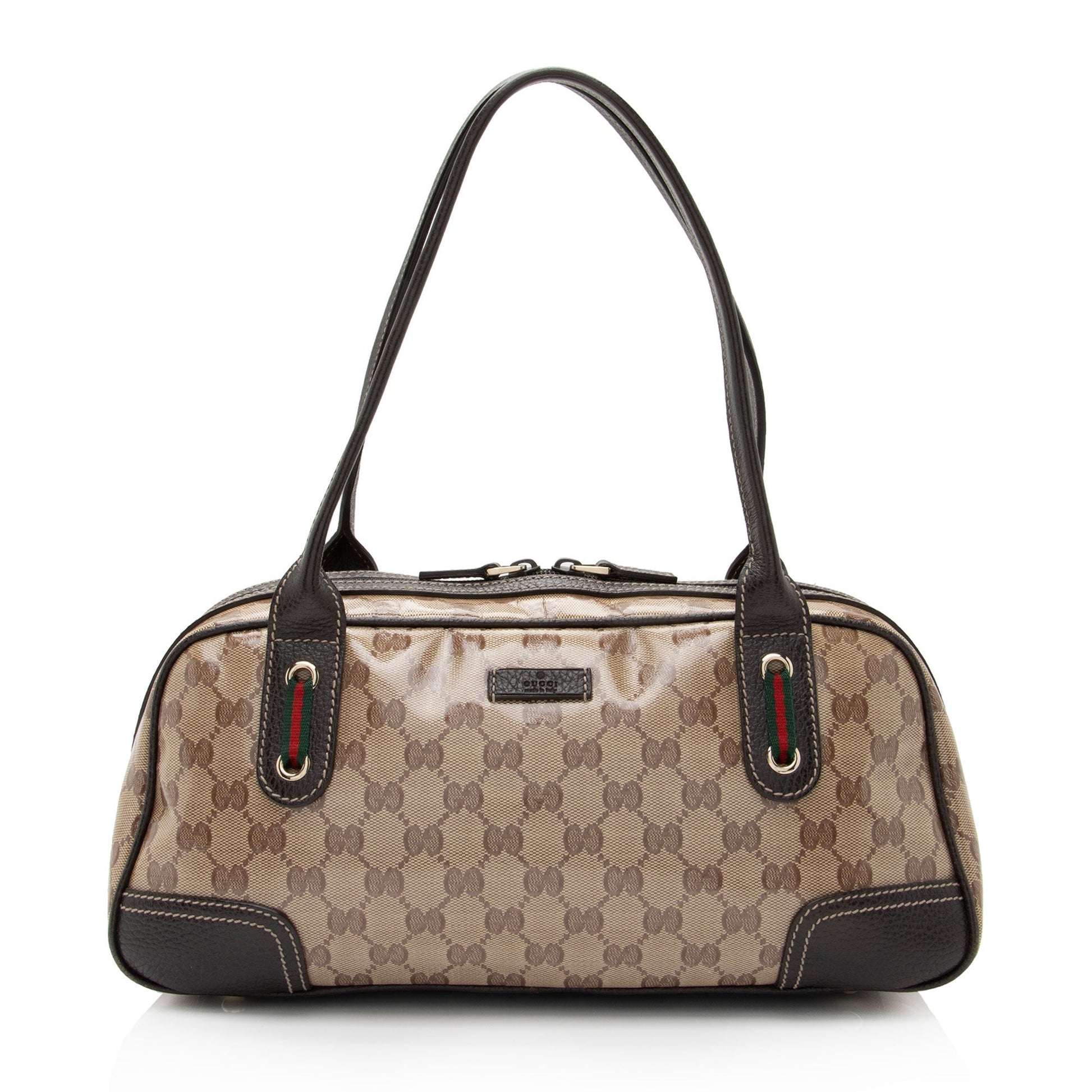 Gucci GG Crystal Princy Boston SHF-fGaodx Leather Canvas Nylon Brown Satchel Bag