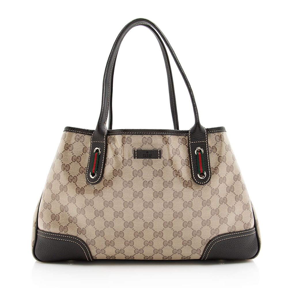 Gucci GG Crystal Princy SHF Leather Canvas Brown Beige Tote Bag
