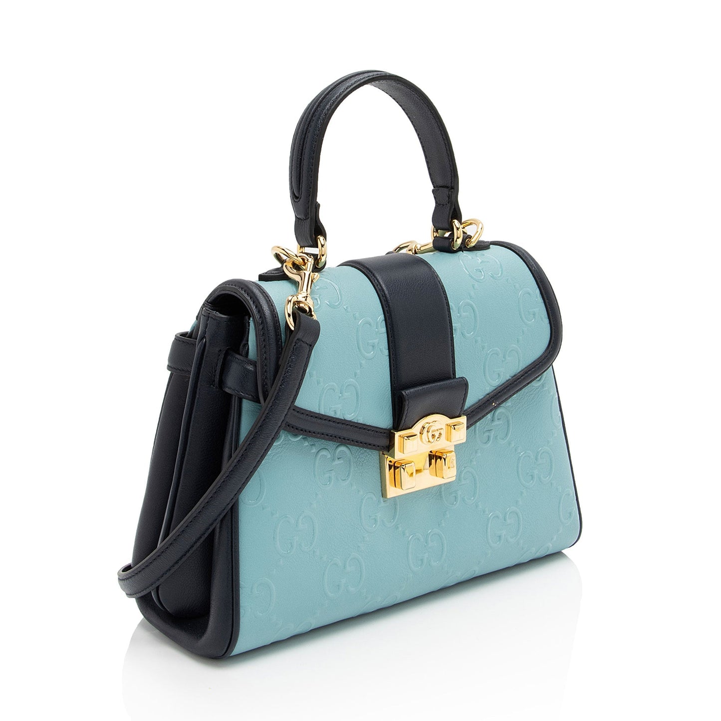 Gucci GG Debossed SHF-ur1BGP Leather Blue Small Top Handle Satchel Bag