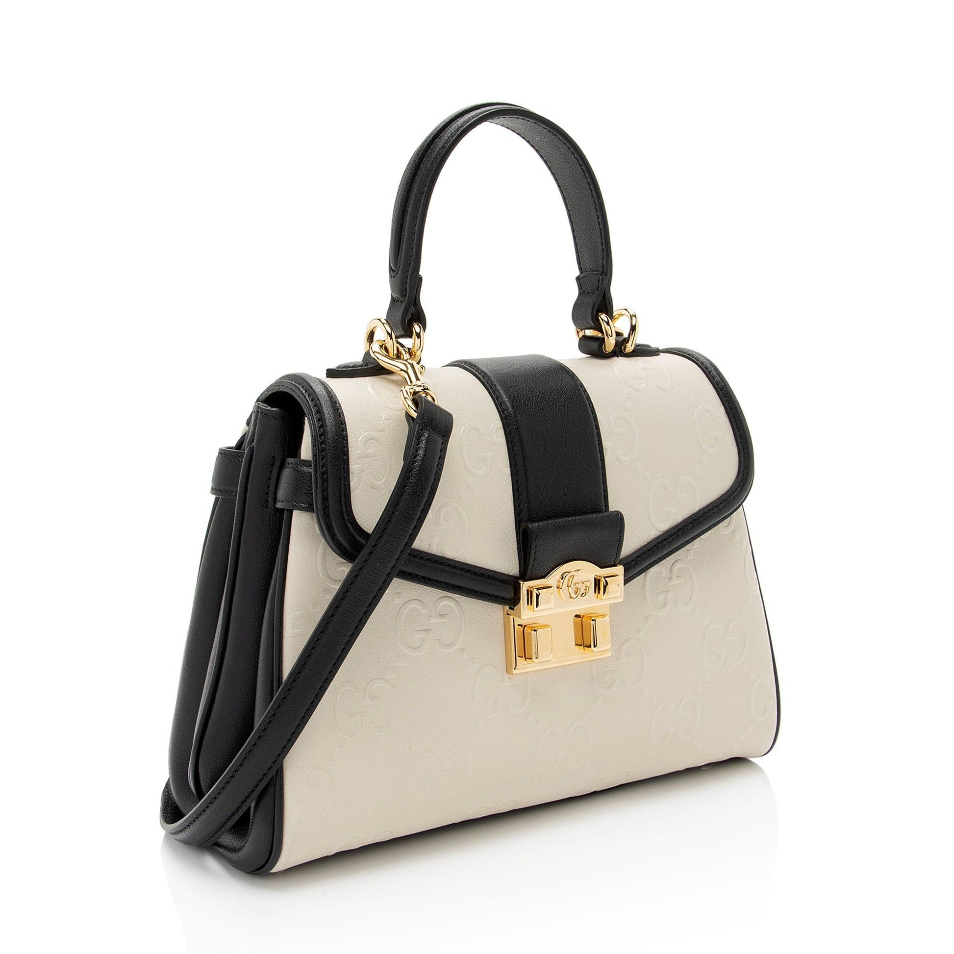 Gucci GG Debossed Top Handle SHF-hGmUB9 Leather Black White Small Satchel Bag
