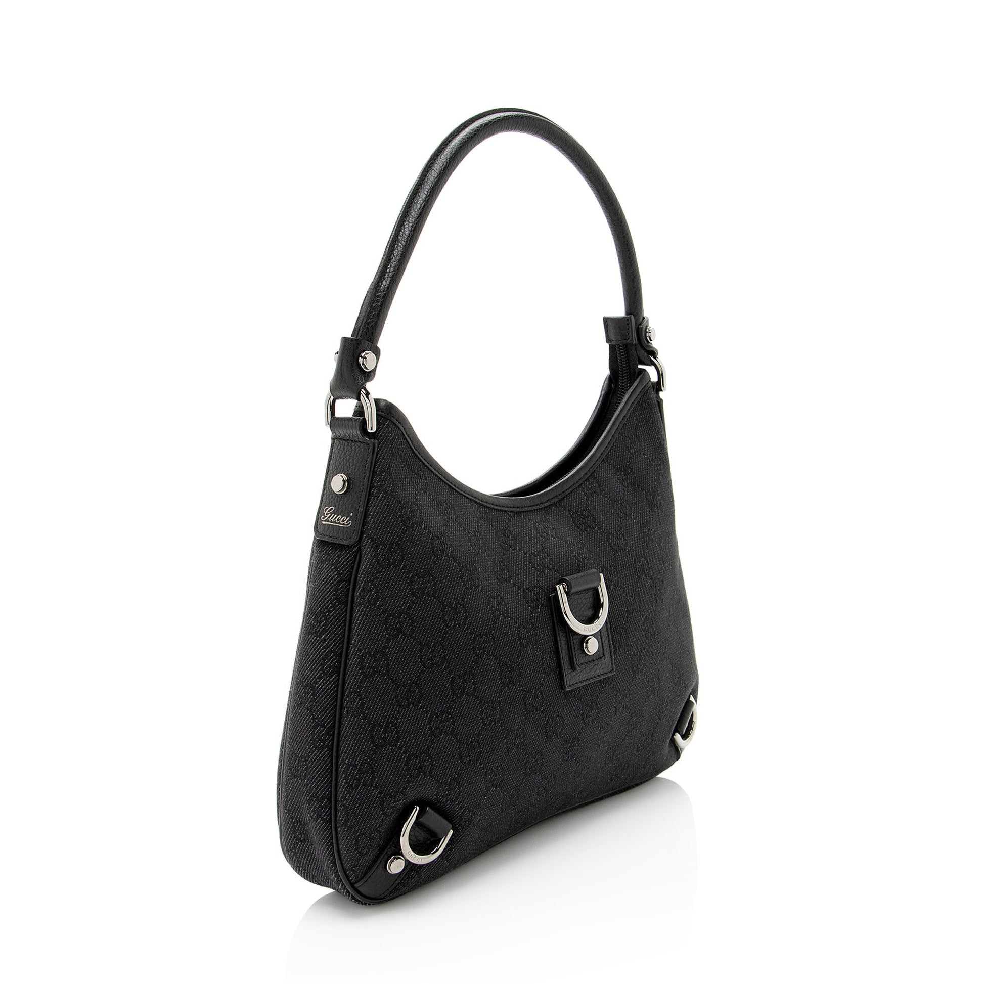Gucci GG Abbey Leather Canvas Denim Black Shoulder Bag