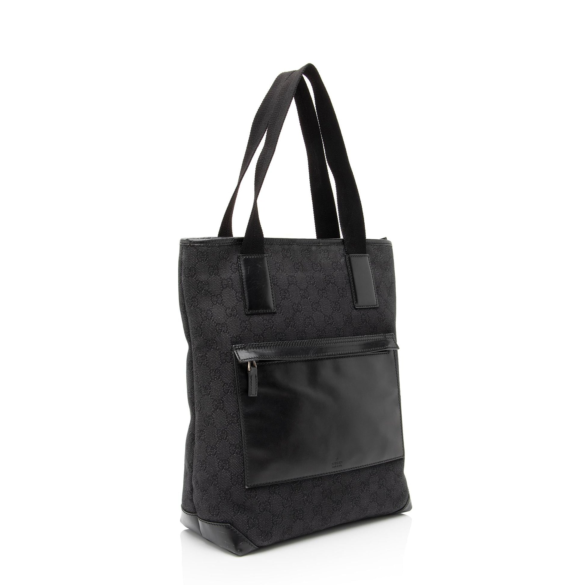 Gucci GG Front Pocket SHF Leather Denim Nylon Black Tote Bag