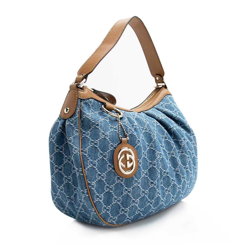 Gucci GG Sukey SHF Leather Denim Brown Blue Shoulder Bag
