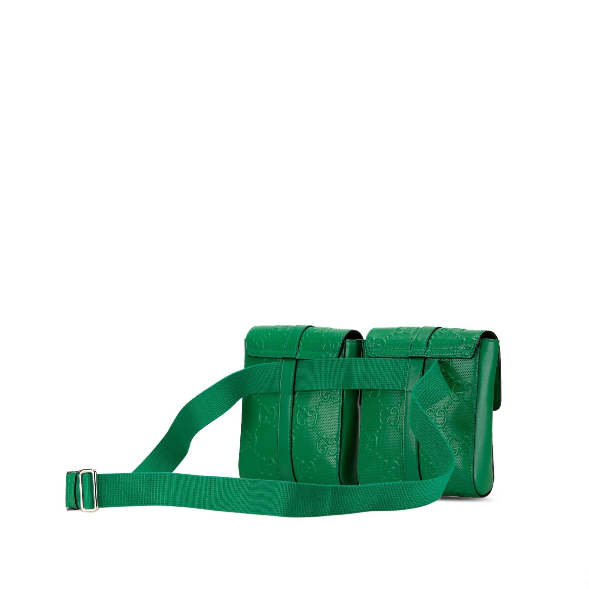 Gucci GG Embossed Perforated Double Belt Calf Green Accessory