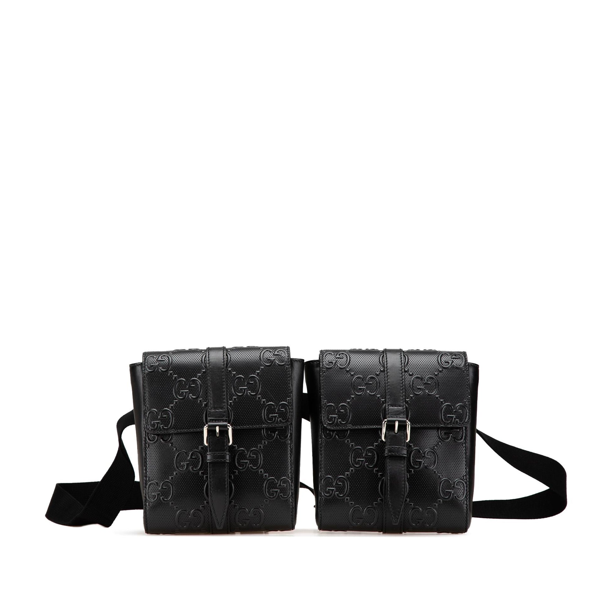 Gucci GG Embossed Perforated Double Belt Calf Black Accessory Belt Bag
