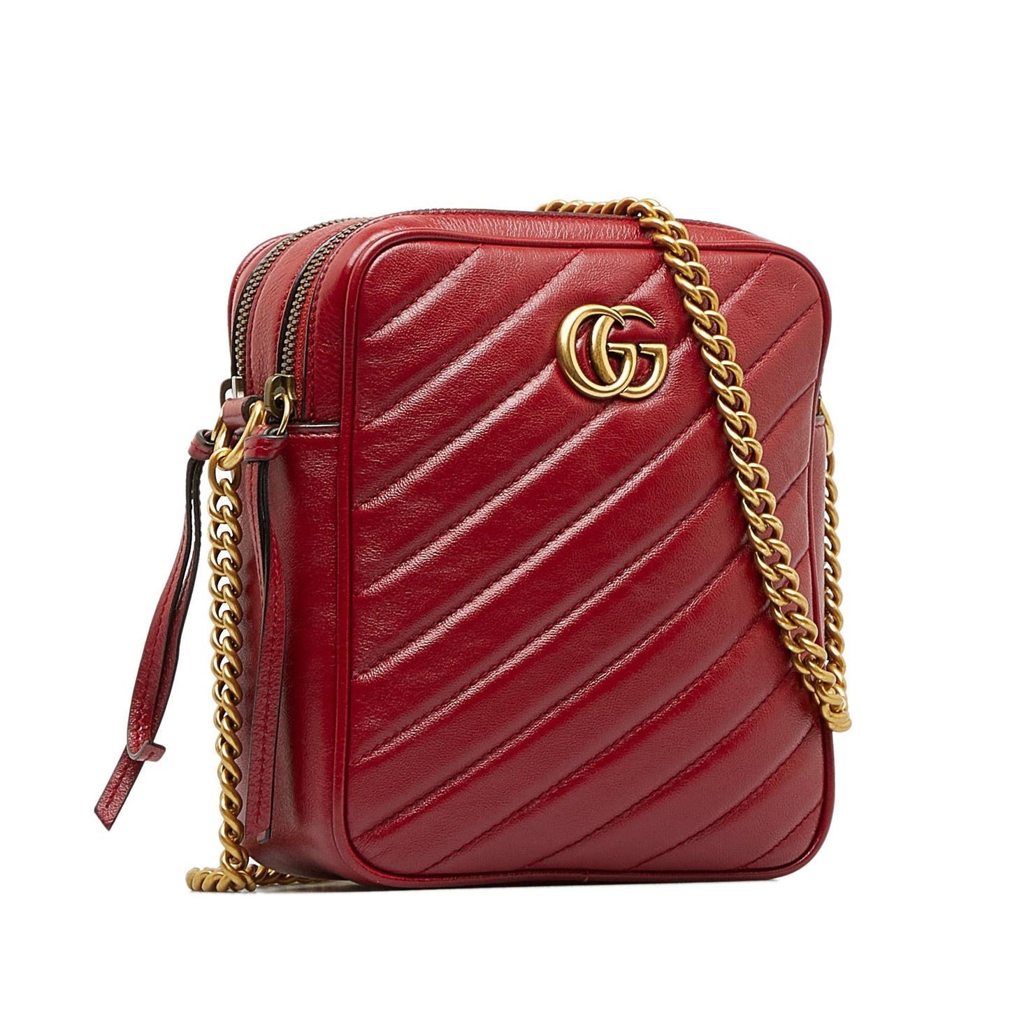 Gucci GG Marmont Double Zip Camera Calf Red Crossbody Bag Shg Mclmnu