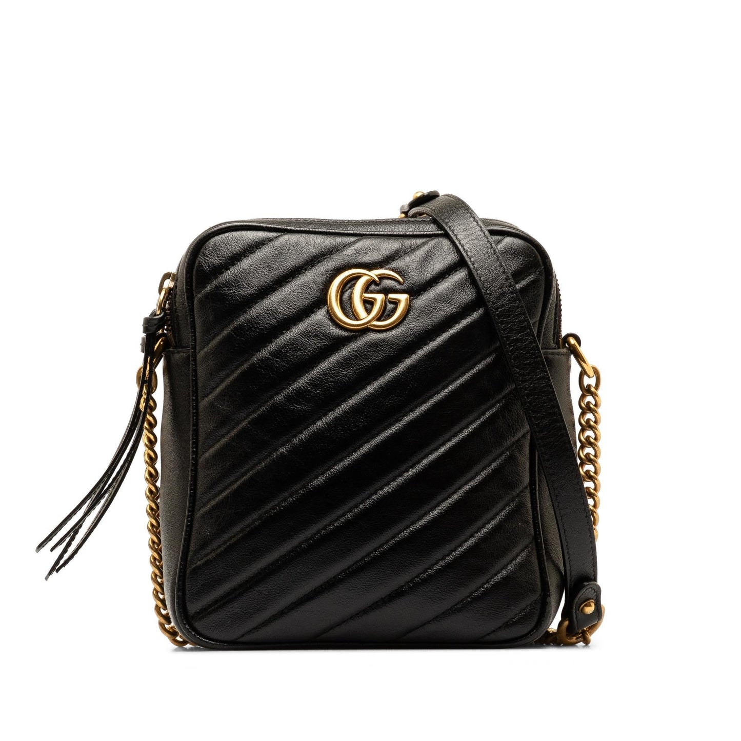 Gucci GG Marmont Double Zip Camera Calf Black Crossbody Bag