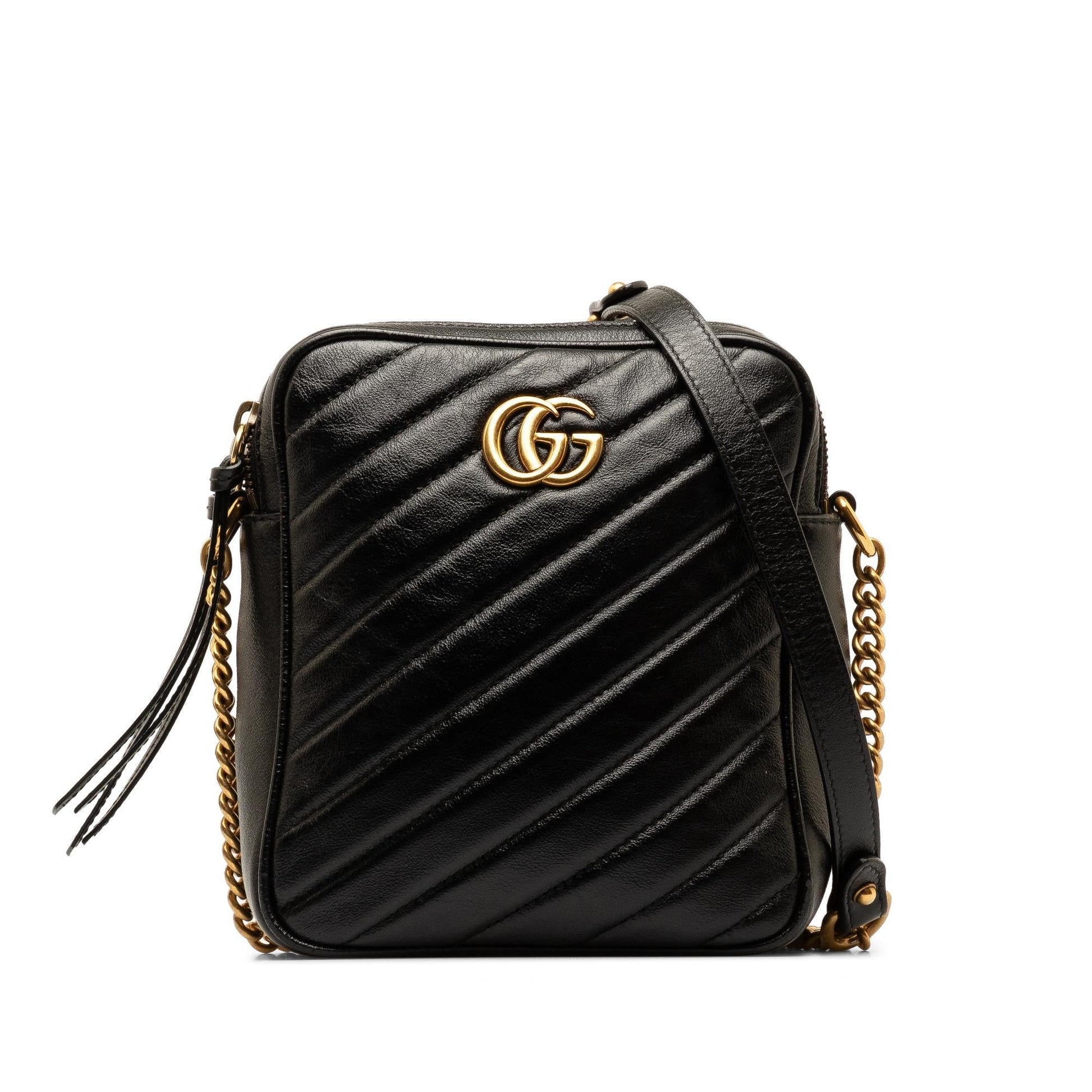 Gucci GG Marmont Double Zip Camera Calf Black Crossbody Bag