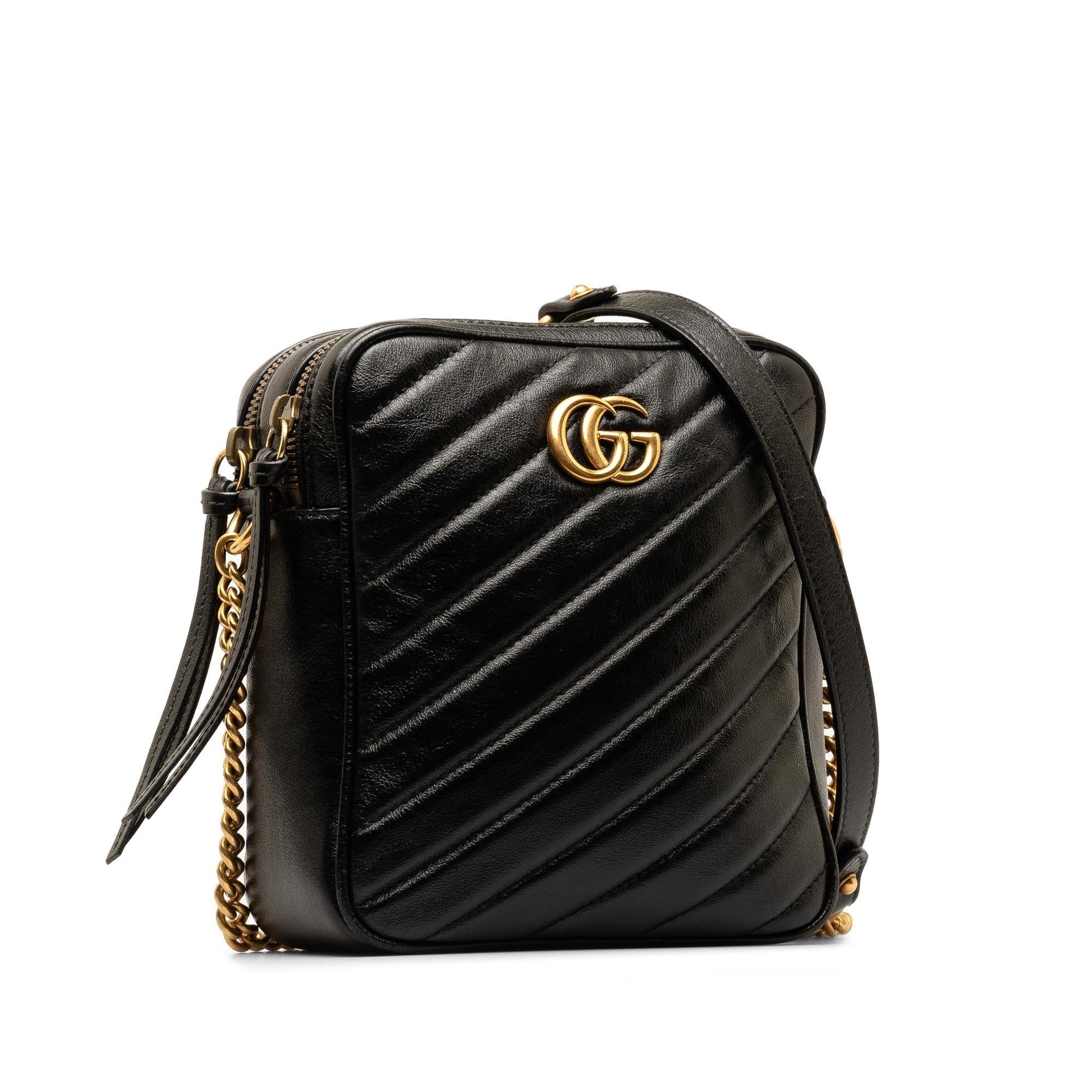 Gucci GG Marmont Double Zip Camera Calf Black Crossbody Bag
