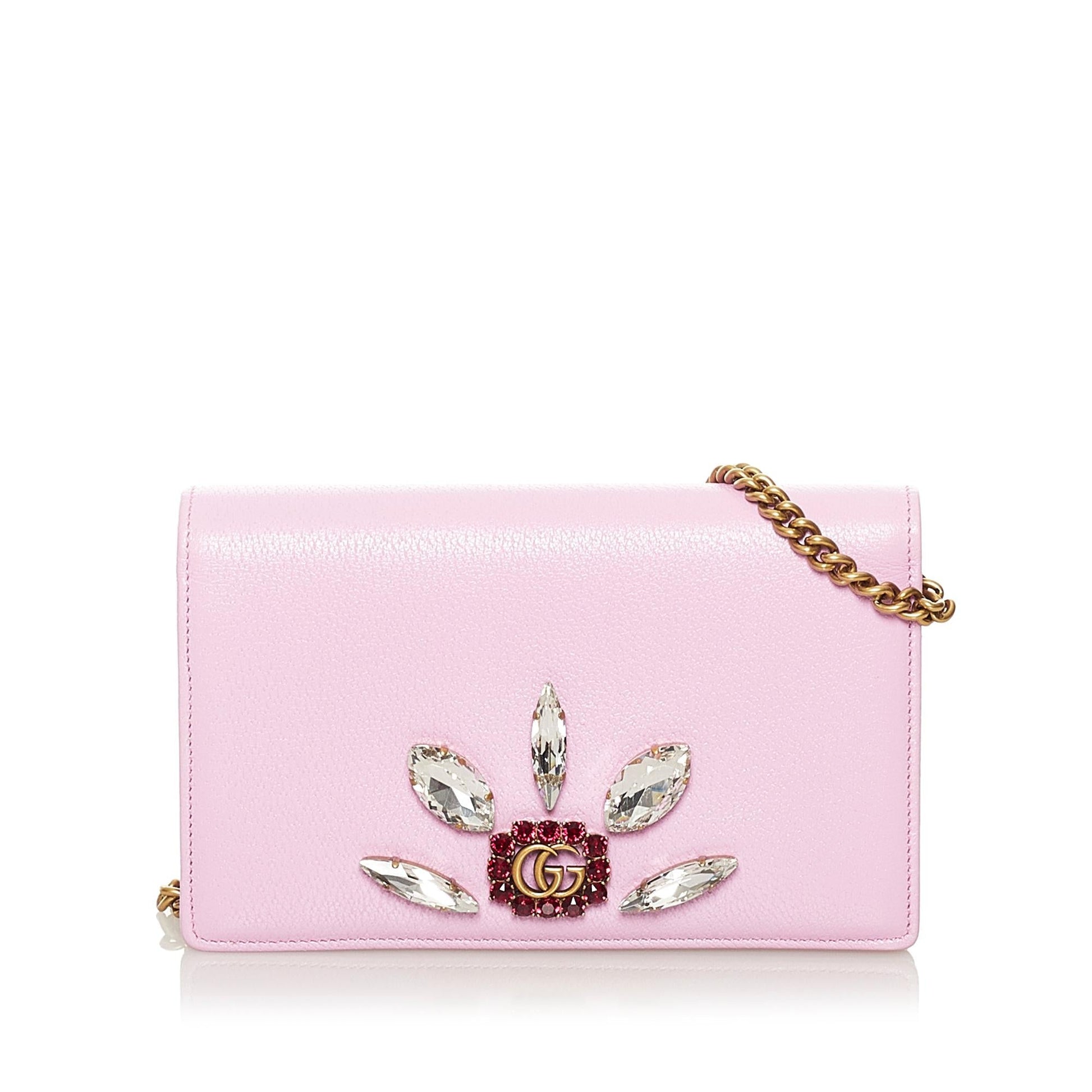 Gucci GG Marmont Embellished Wallet On Calf Pink Chain Crossbody Bag Chain Shg