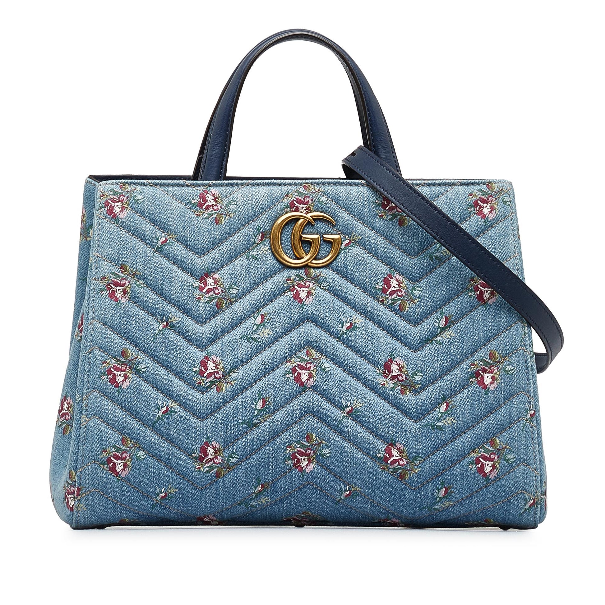 Gucci GG Marmont Flora SHG-dKHQjj Denim Blue Satchel Bag