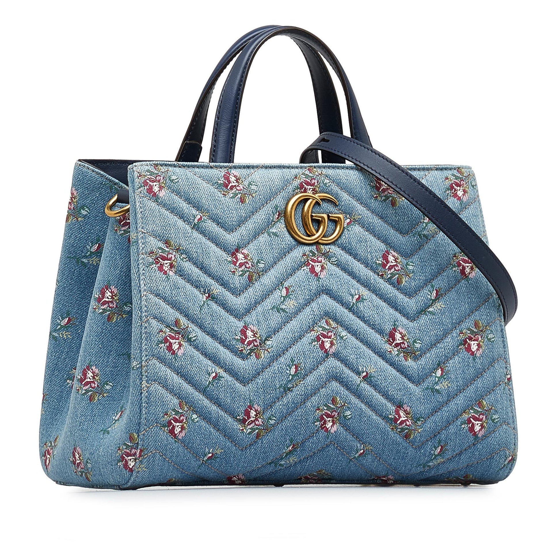 Gucci GG Marmont Flora SHG-dKHQjj Denim Blue Satchel Bag