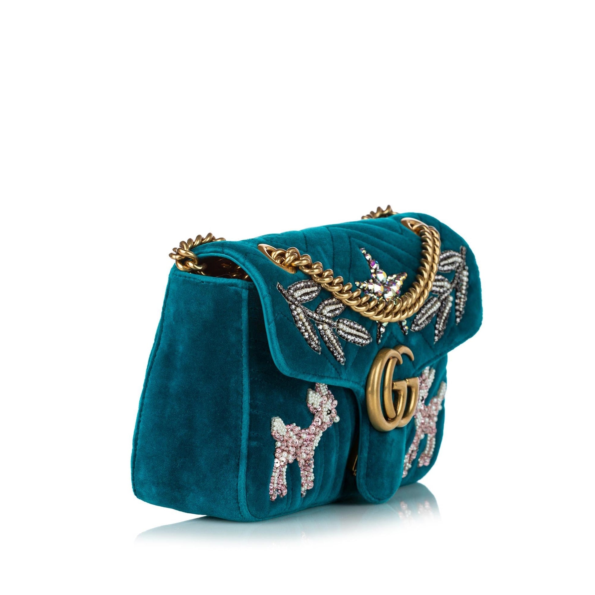 Gucci GG Marmont Embellished Velvet SHG Matelasse Blue Crossbody Bag