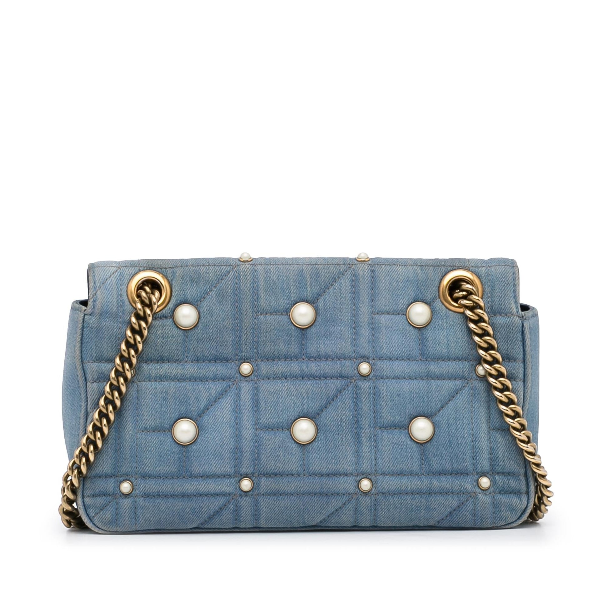 Gucci GG Marmont Pearl Studded SHG-lB59yk Matelasse Denim Calf Blue Crossbody Bag