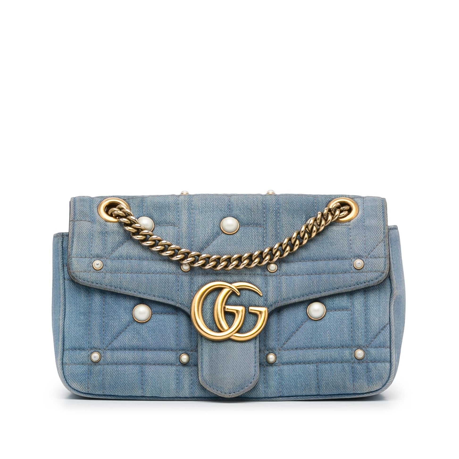 Gucci GG Marmont Pearl Studded SHG-lB59yk Matelasse Denim Calf Blue Crossbody Bag