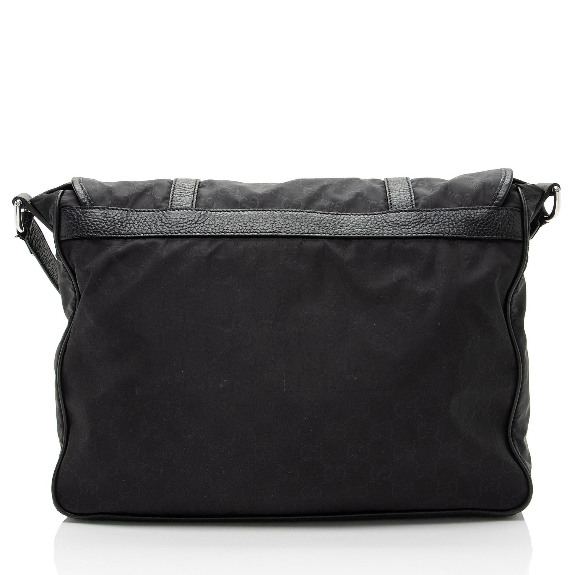 Gucci GG Double Buckle Messenger Leather Nylon Black Shoulder Bag