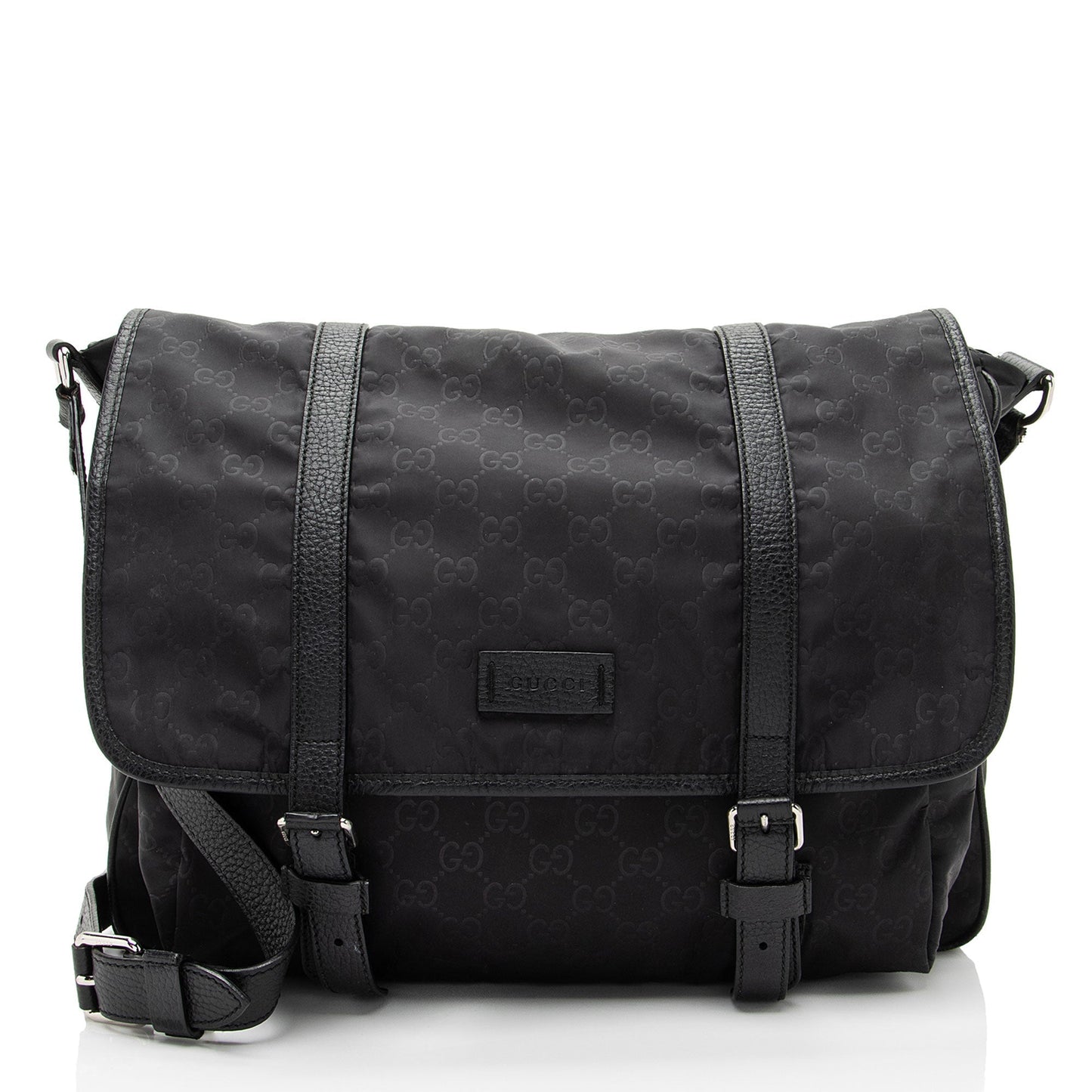 Gucci GG Double Buckle Messenger Leather Nylon Black Shoulder Bag