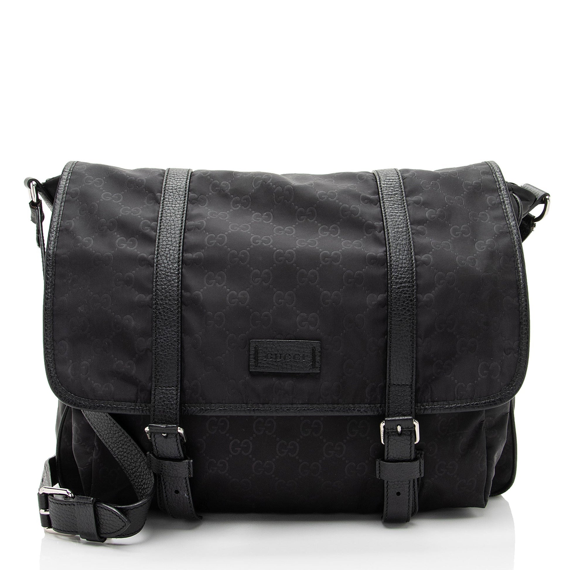 Gucci GG Double Buckle Messenger Leather Nylon Black Shoulder Bag