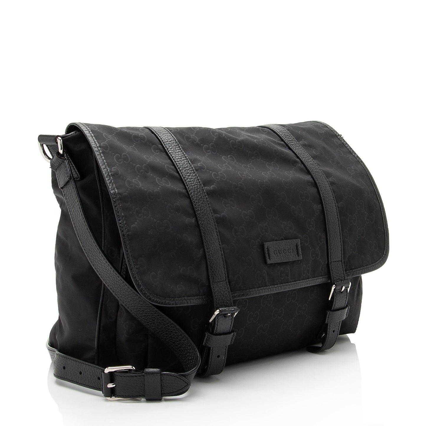 Gucci GG Double Buckle Messenger Leather Nylon Black Shoulder Bag