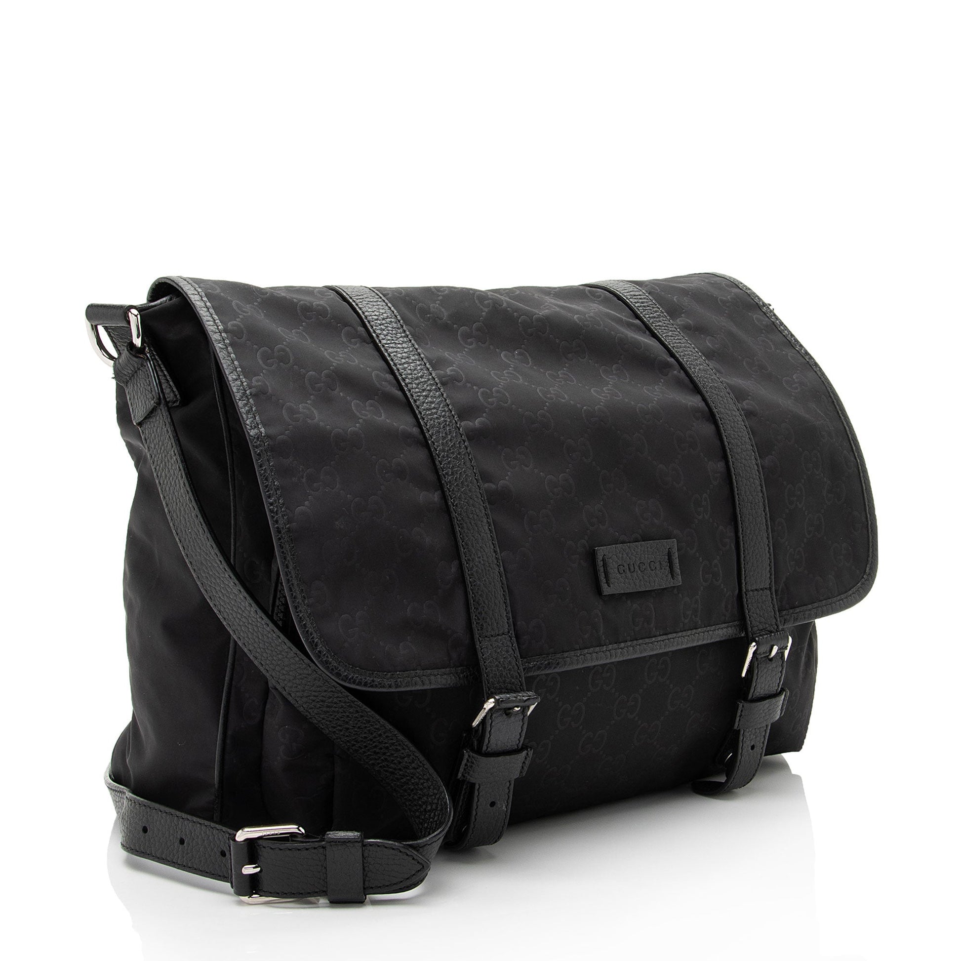 Gucci GG Double Buckle Messenger Leather Nylon Black Shoulder Bag
