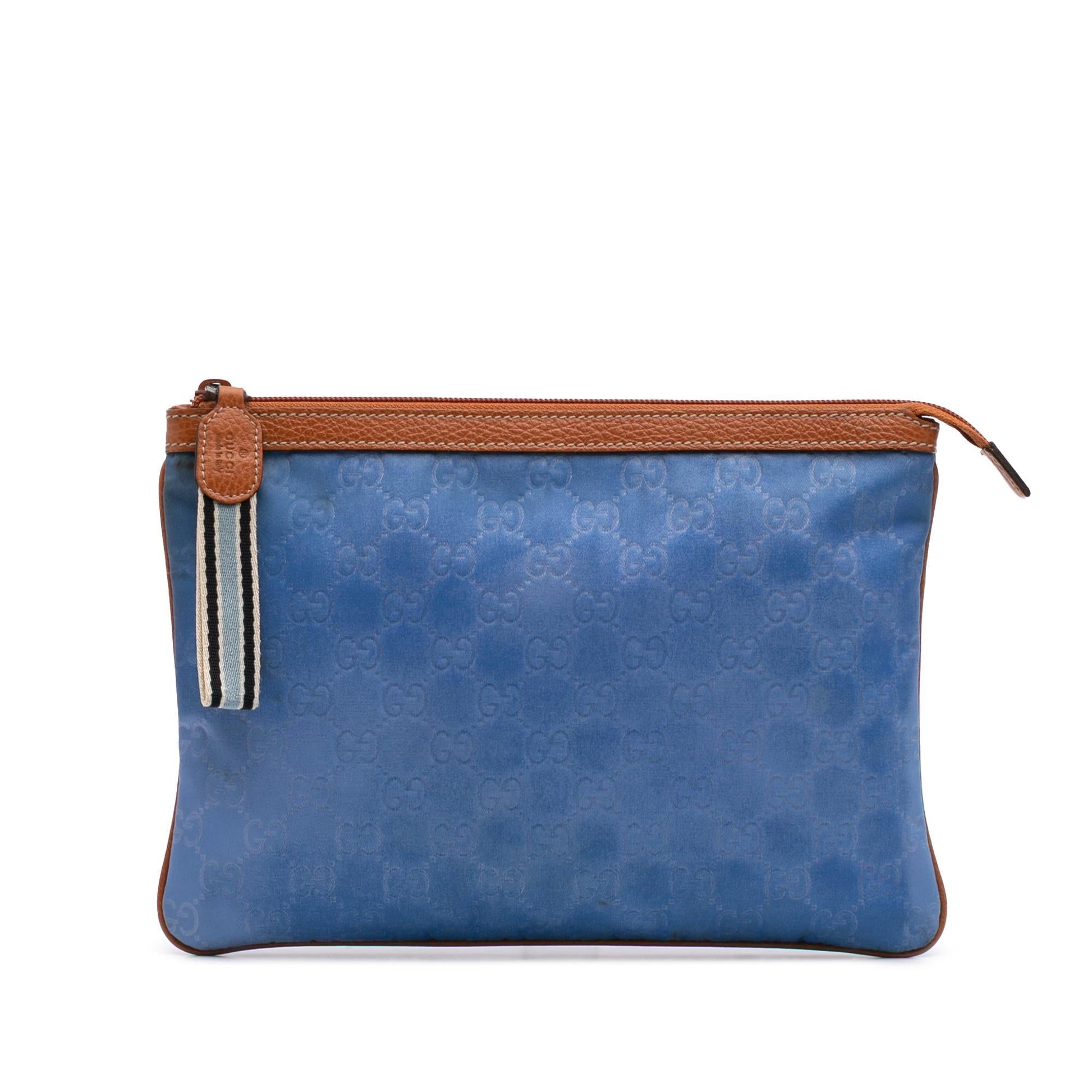 Gucci GG Top Zip Nylon Calf Brown Blue Clutch Bag