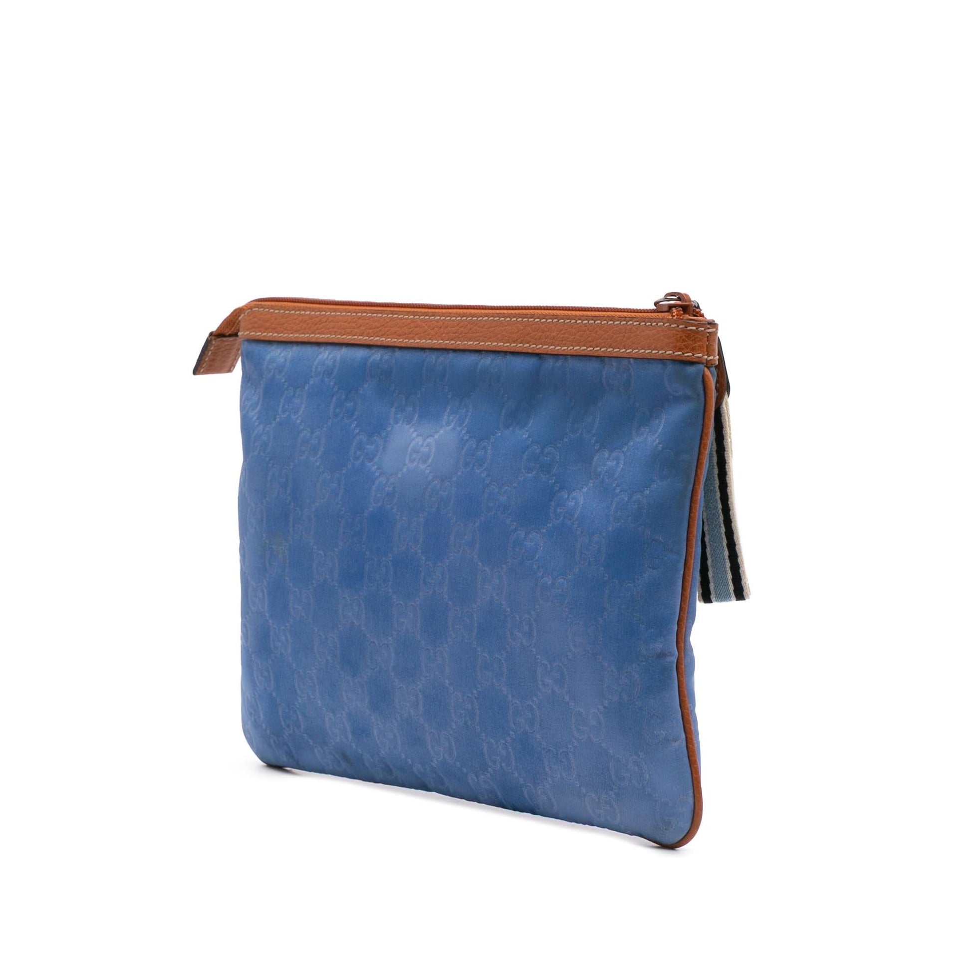 Gucci GG Top Zip Nylon Calf Brown Blue Clutch Bag