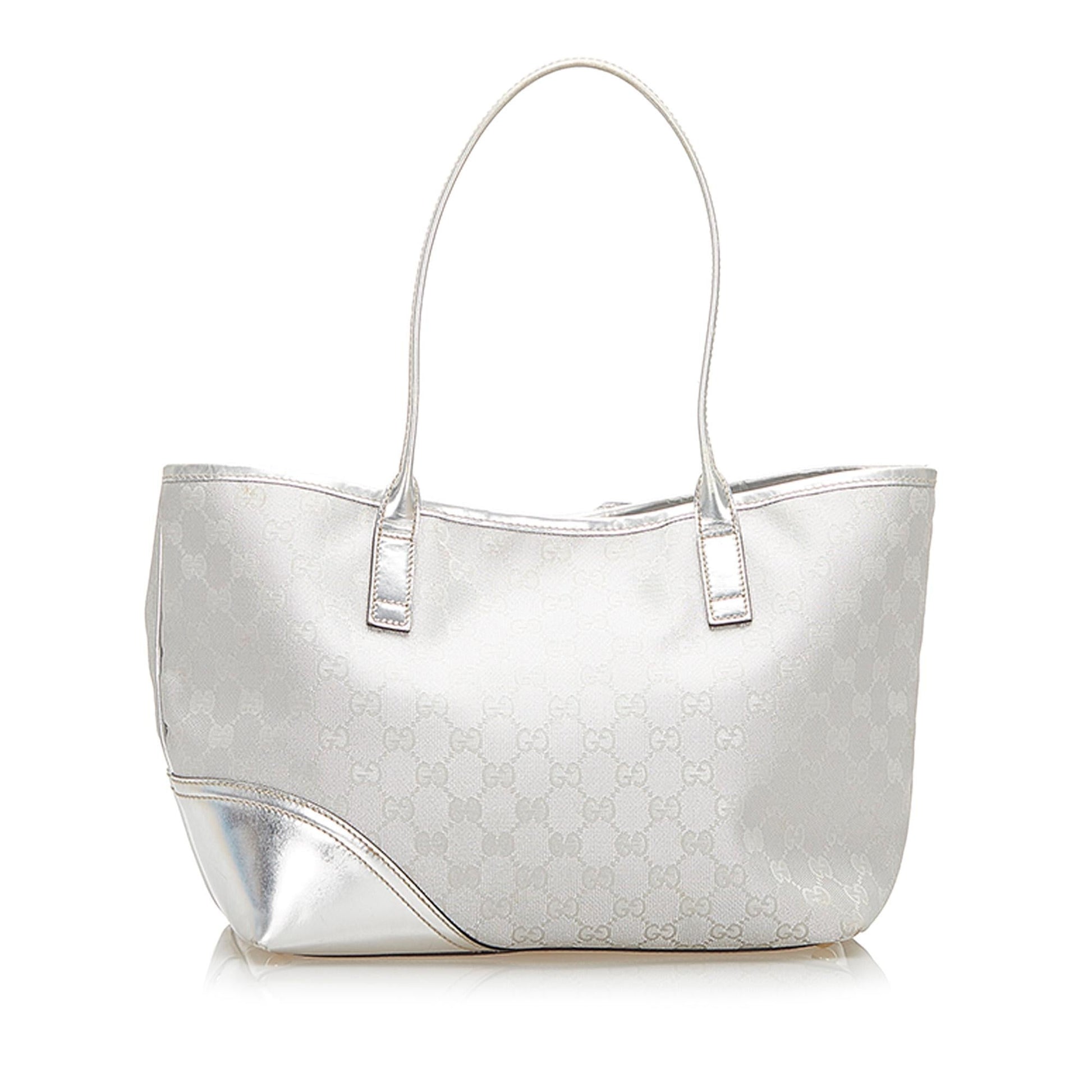 Gucci GG SHG Leather Nylon Patent Silver Tote Bag