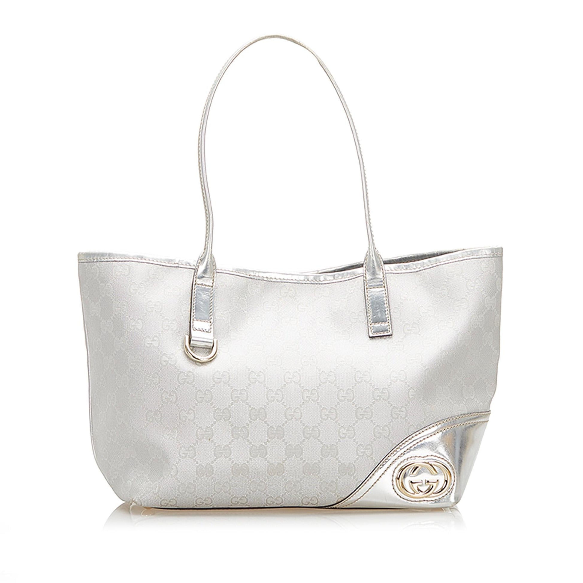 Gucci GG SHG Leather Nylon Patent Silver Tote Bag