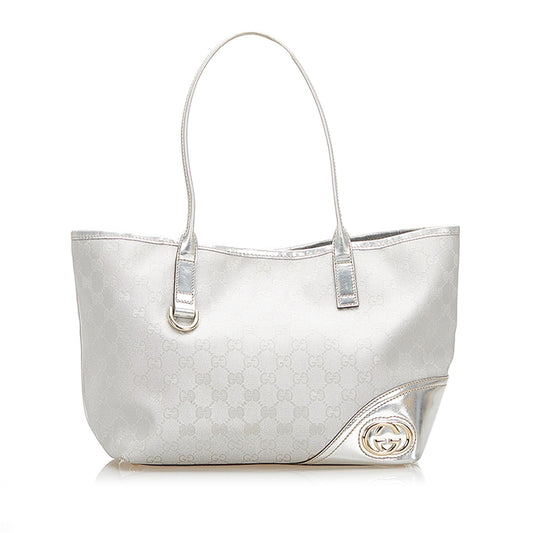 Gucci GG SHG Leather Nylon Patent Silver Tote Bag
