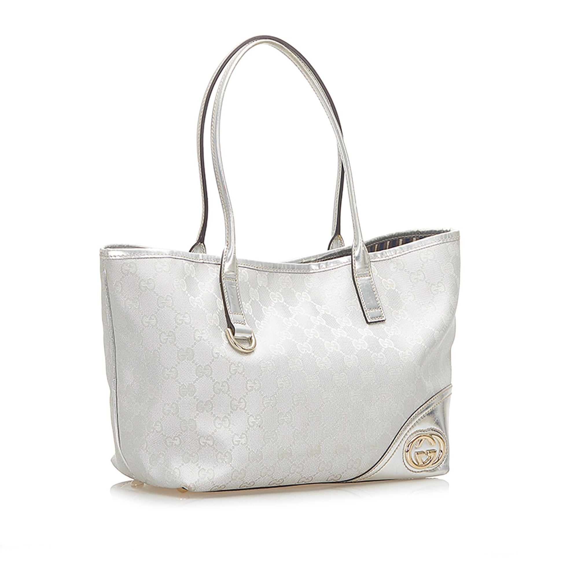 Gucci GG SHG Leather Nylon Patent Silver Tote Bag