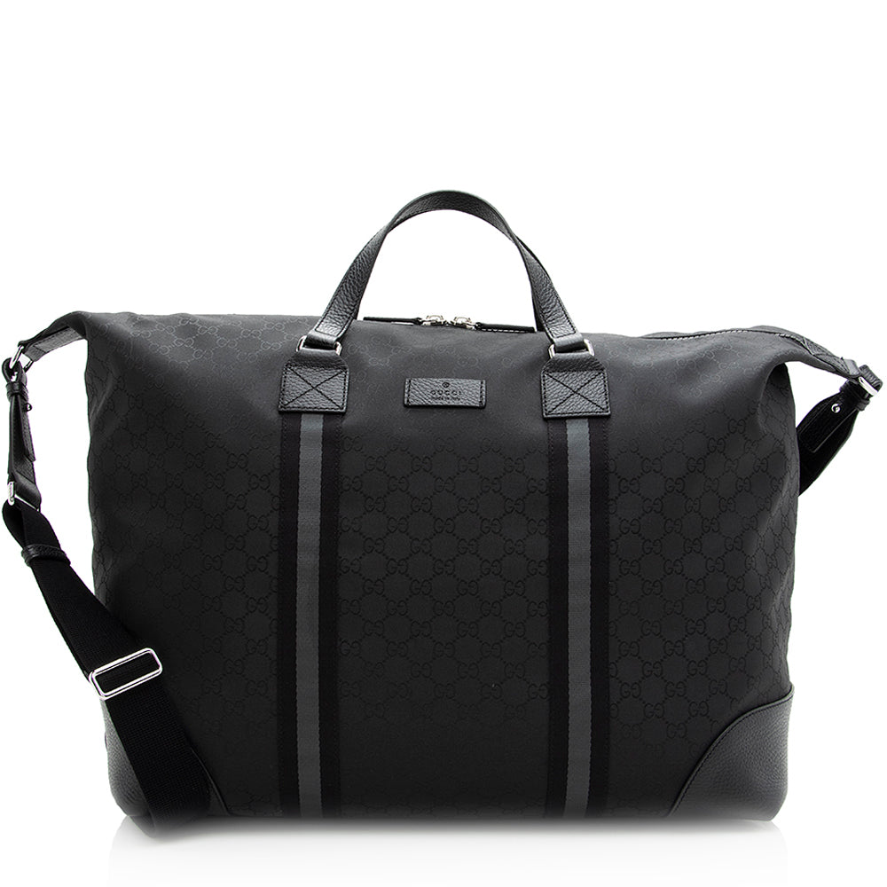 Gucci GG Duffel SHF Leather Canvas Nylon Black Travel Bag