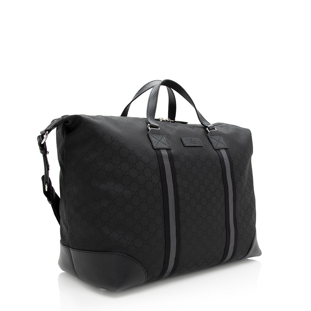 Gucci GG Duffel SHF Leather Canvas Nylon Black Travel Bag