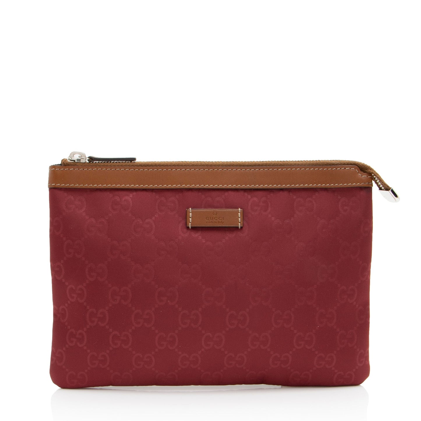 Gucci GG Zip Pouch Leather Nylon Brown Red Clutch Bag