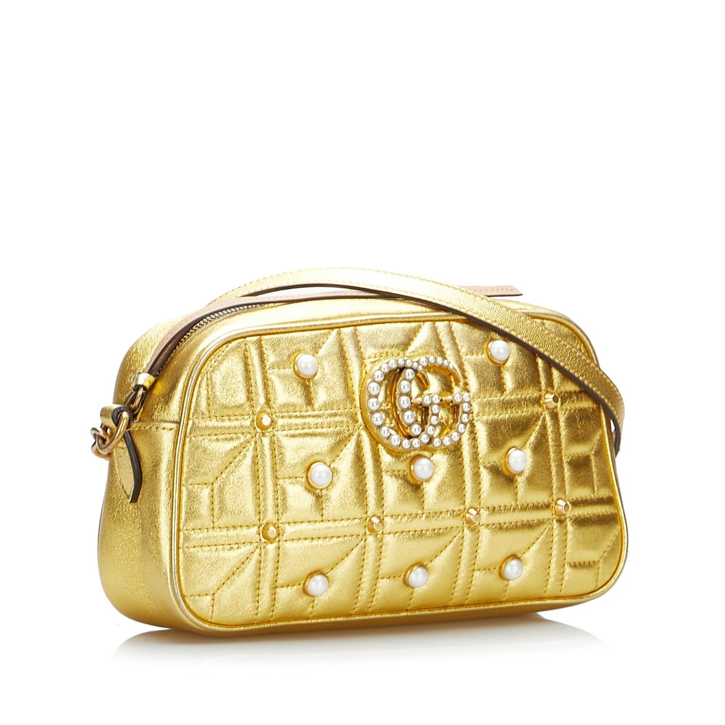 Gucci GG Pearl Studded Marmont SHG-xdcmNu Leather Calf Gold Crossbody Bag