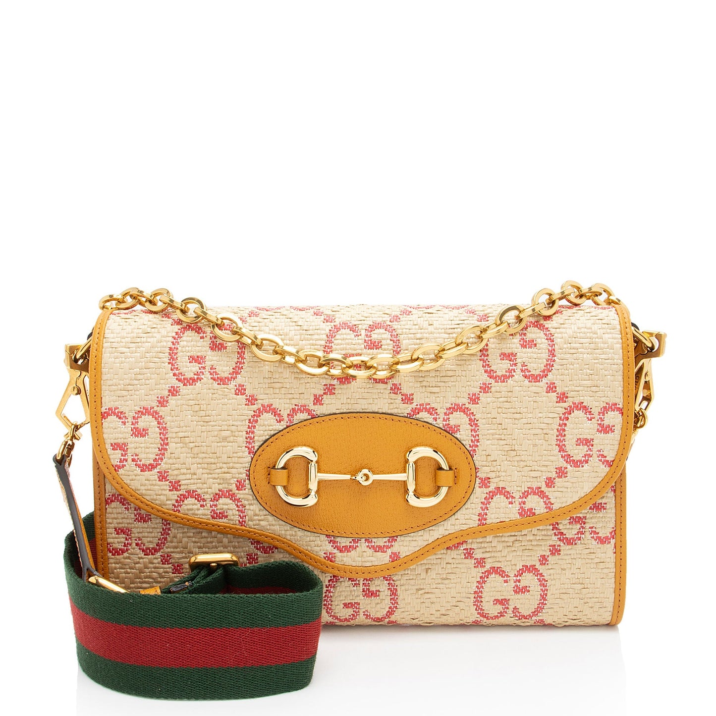 Gucci GG Horsebit Leather Raffia Nylon Beige Crossbody Bag