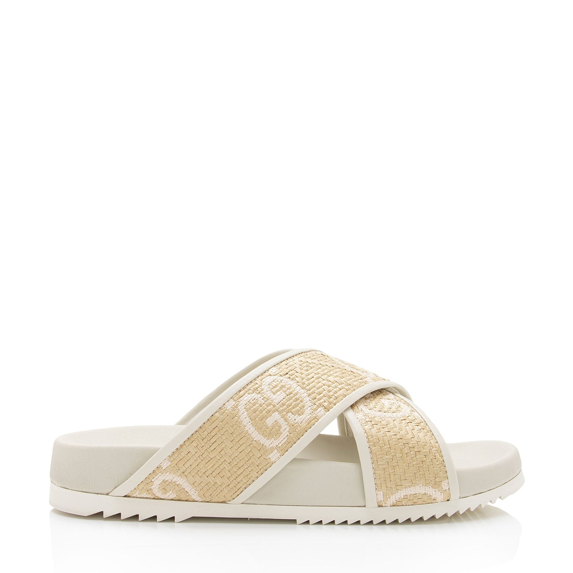 Gucci GG Crisscross Slides - Size Leather Raffia White Beige Shoes