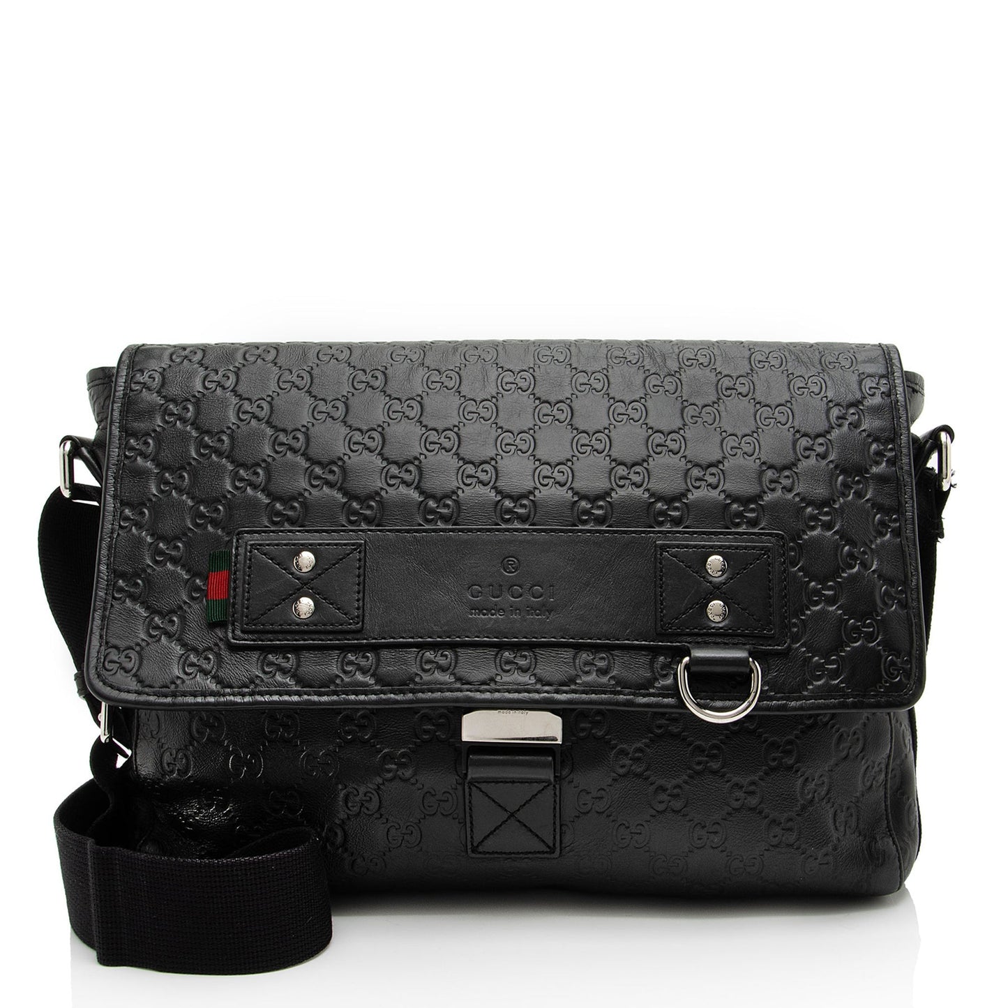 Gucci GG Rubber Effect Web Messenger Leather Nylon Black Medium Shoulder Bag