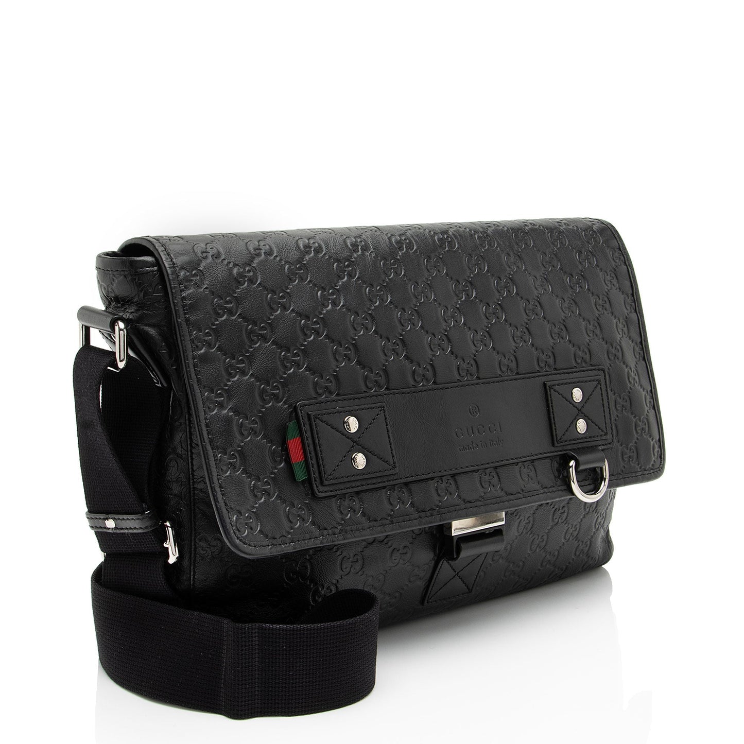 Gucci GG Rubber Effect Web Messenger Leather Nylon Black Medium Shoulder Bag