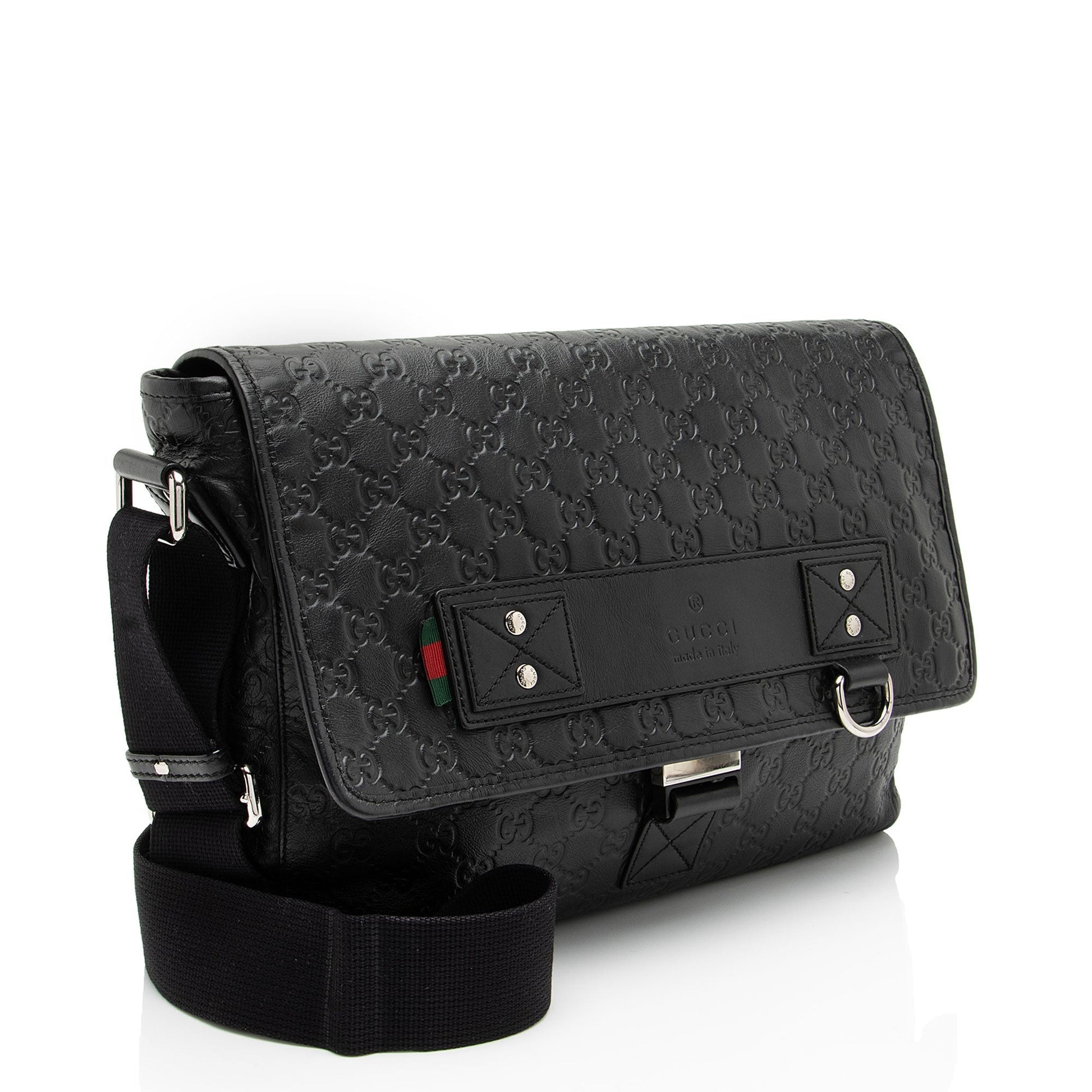 Gucci GG Rubber Effect Web Messenger Leather Nylon Black Medium Shoulder Bag