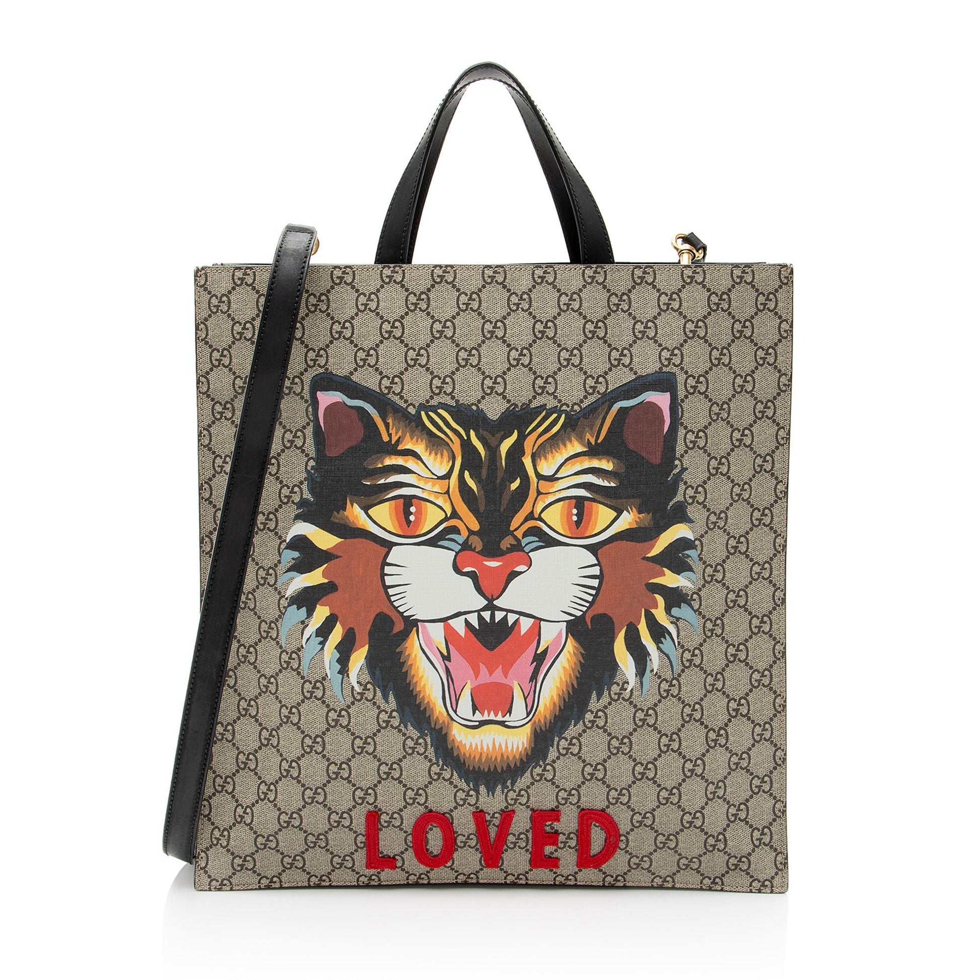 Gucci GG Supreme Angry Cat Leather Canvas Black Beige Tote Bag