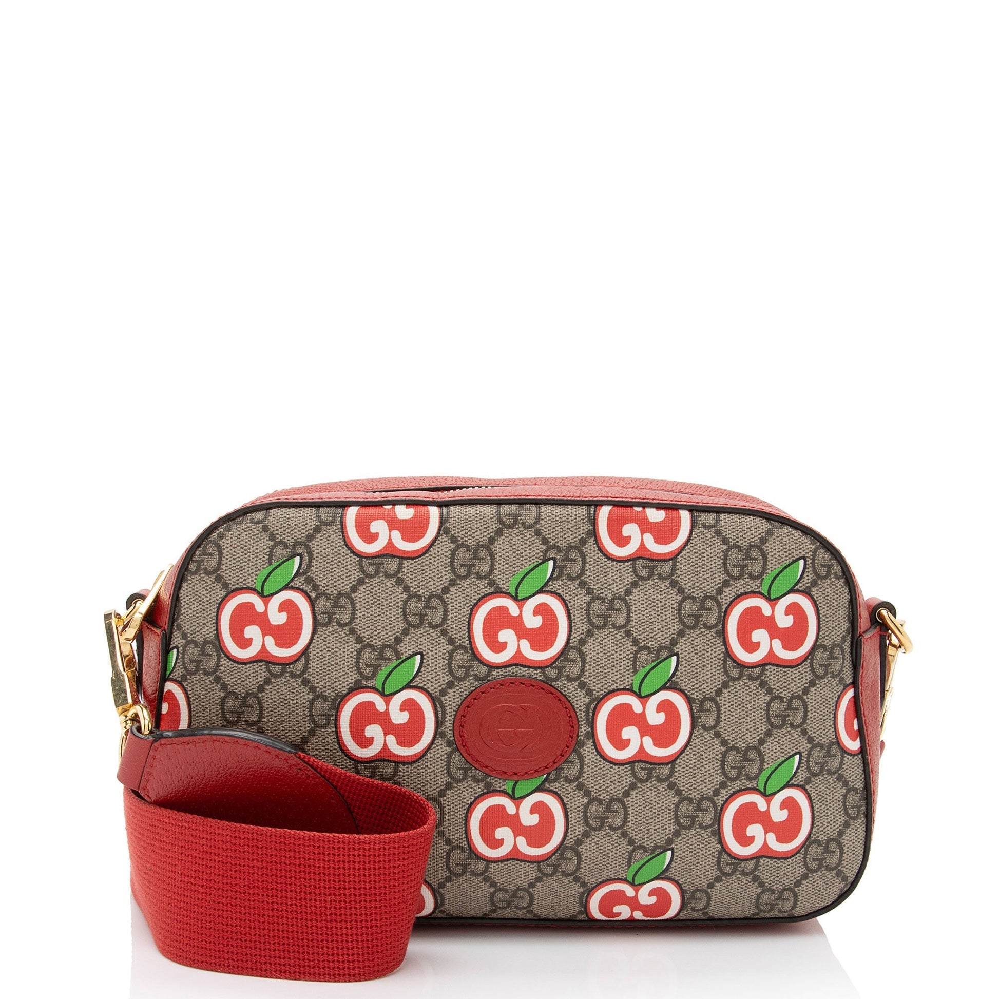 Gucci GG Supreme Apple Camera Leather Canvas Beige Red Crossbody Bag